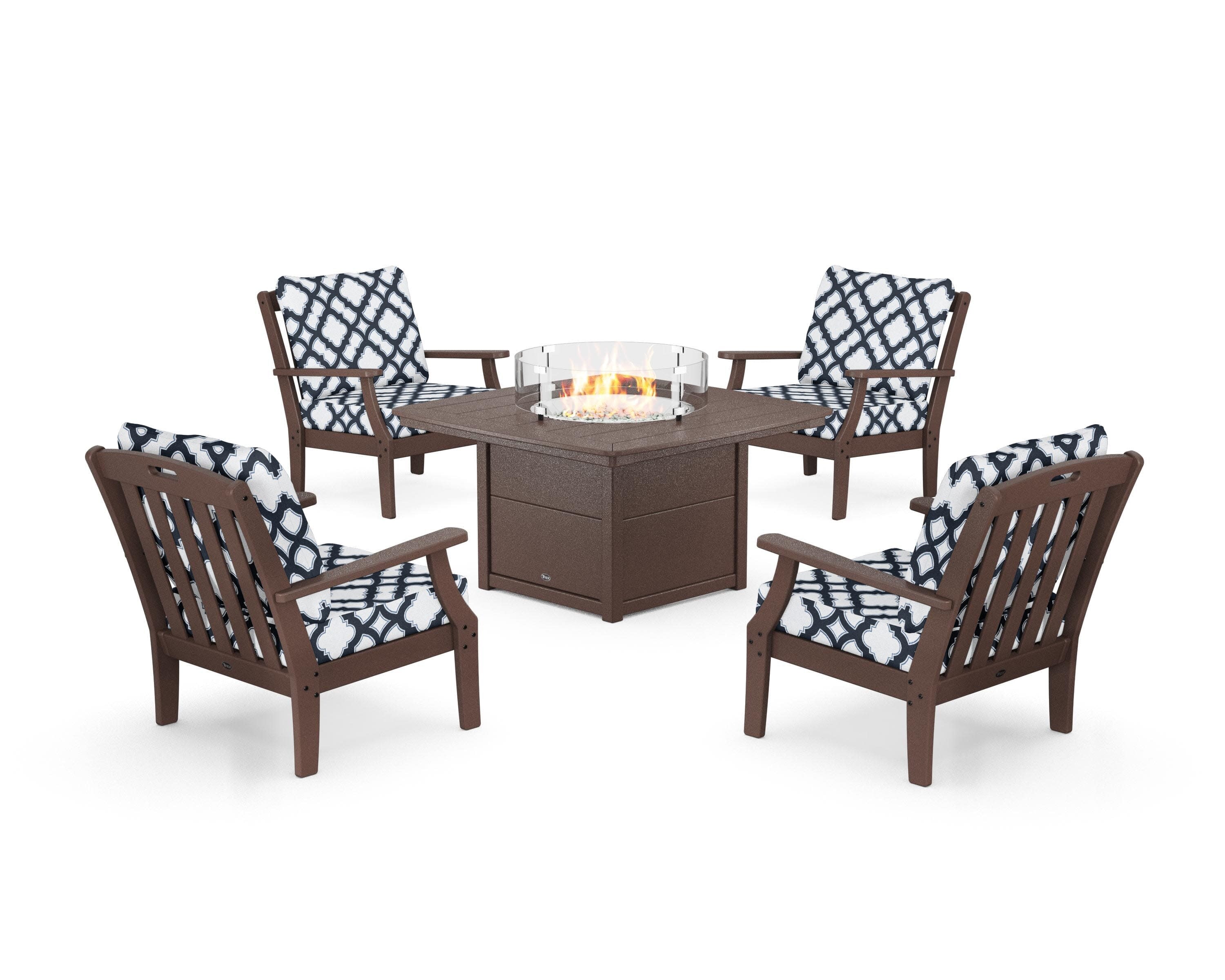 Yacht Club 5-Piece Deep Seating Set with Fire Pit Table in Vintage Lantern / Trellis Marine Indigo