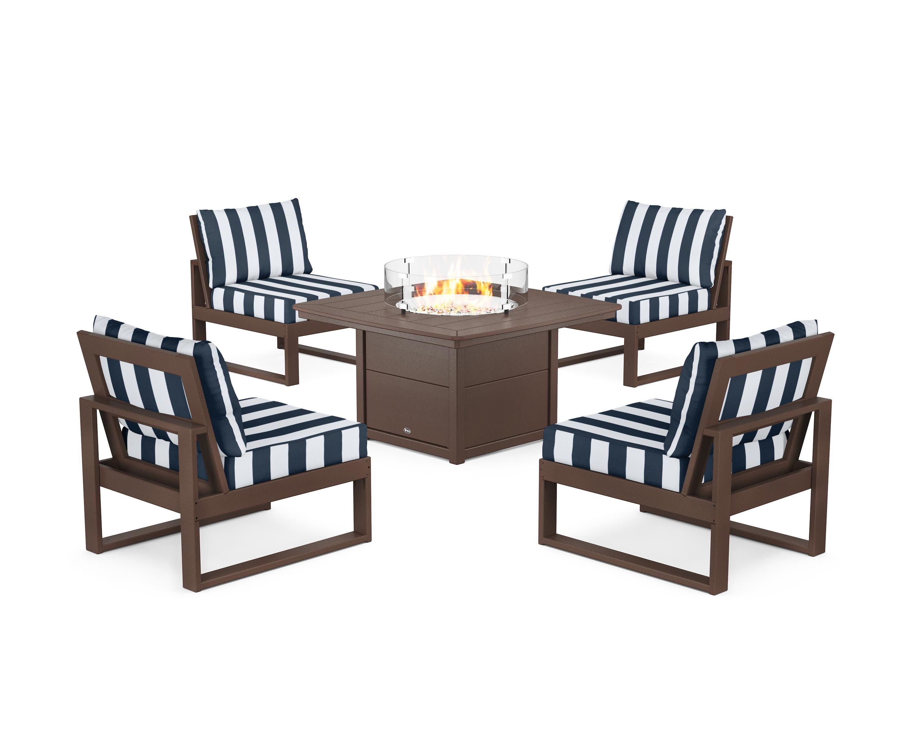 Eastport Modular 5-Piece Deep Seating Set with Yacht Club Fire Pit Table in Vintage Lantern / Cabana Stripe Marine Indigo