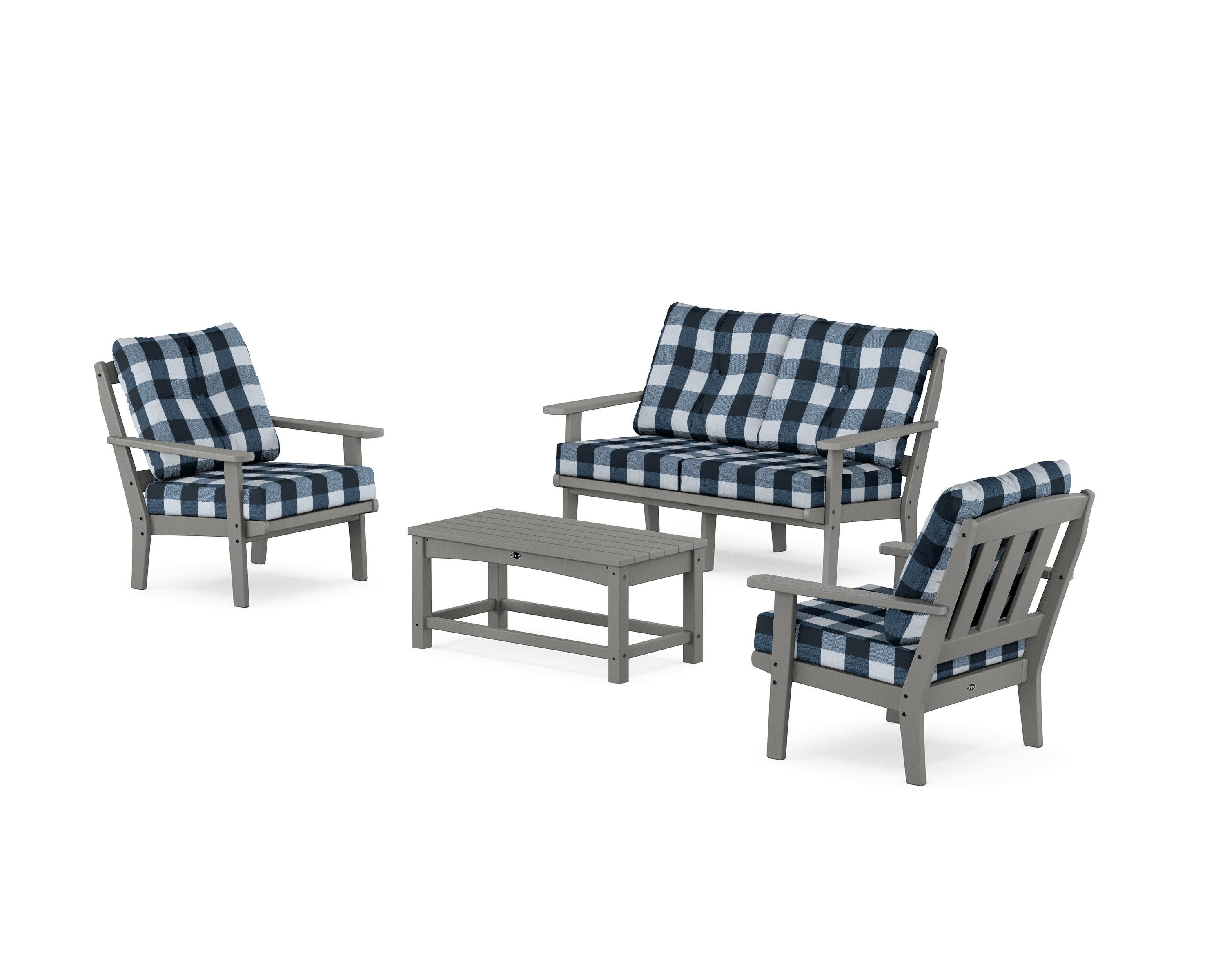 Cape Cod 4-Piece Deep Seating Set with Loveseat in Stepping Stone / Buffalo Plaid Marine Indigo