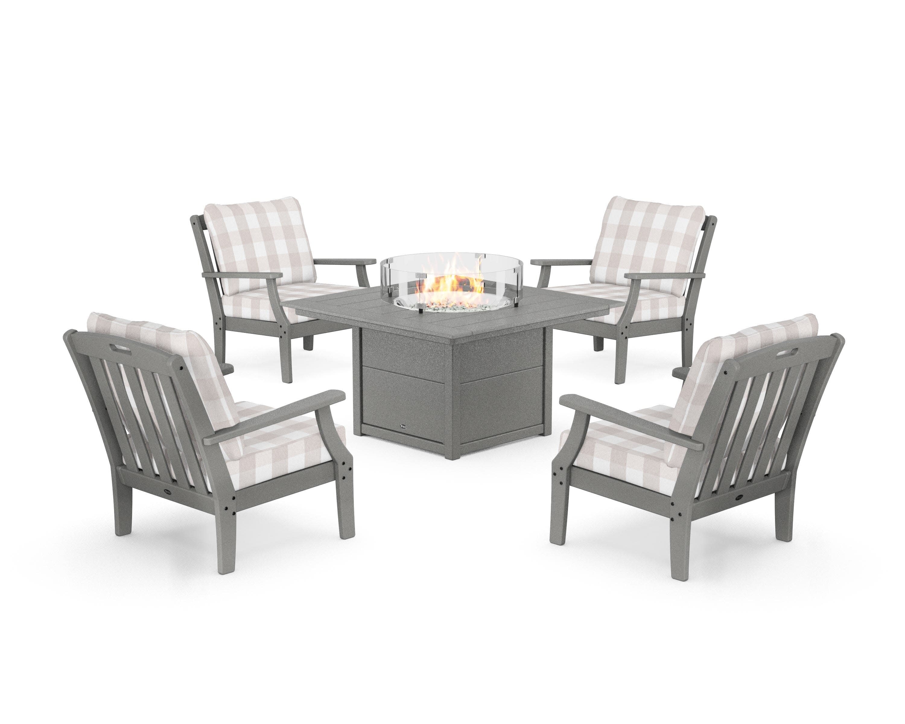 Yacht Club 5-Piece Deep Seating Set with Square Fire Pit Table in Stepping Stone / Buffalo Plaid Dune Burlap