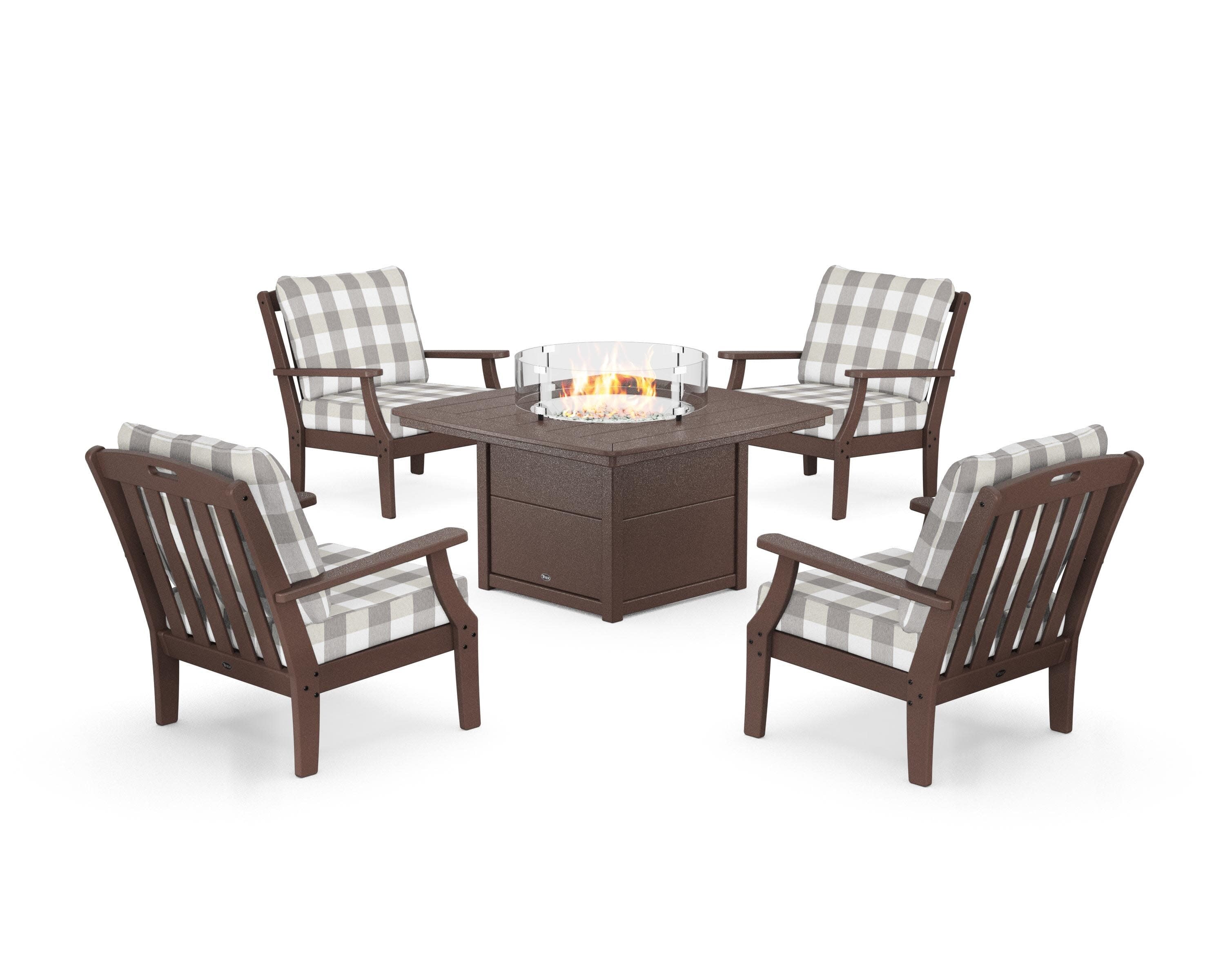 Yacht Club 5-Piece Deep Seating Set with Fire Pit Table in Vintage Lantern / Buffalo Plaid Grey Mist