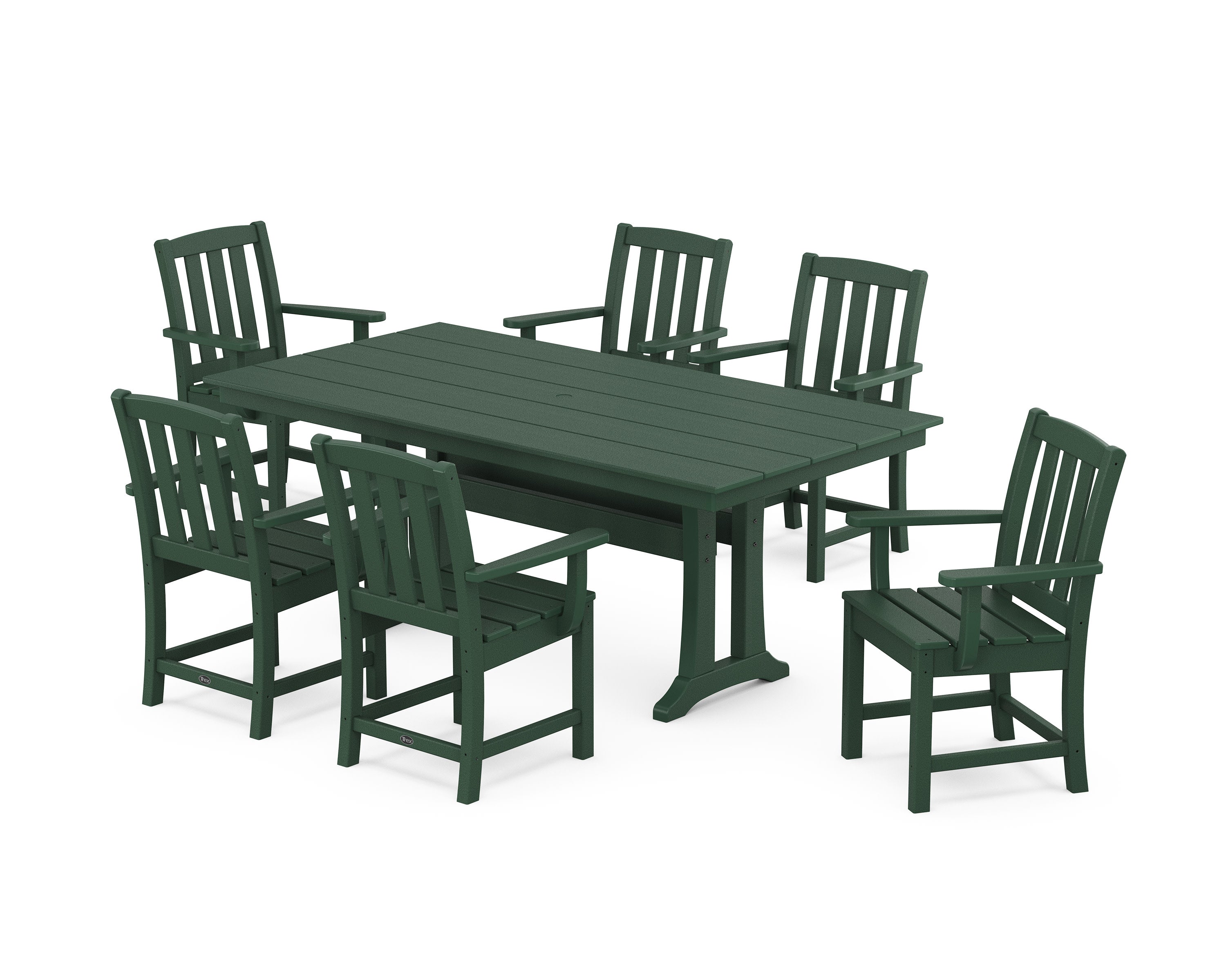 Cape Cod Arm Chair 7-Piece Farmhouse Dining Set with Trestle Legs in Rainforest Canopy