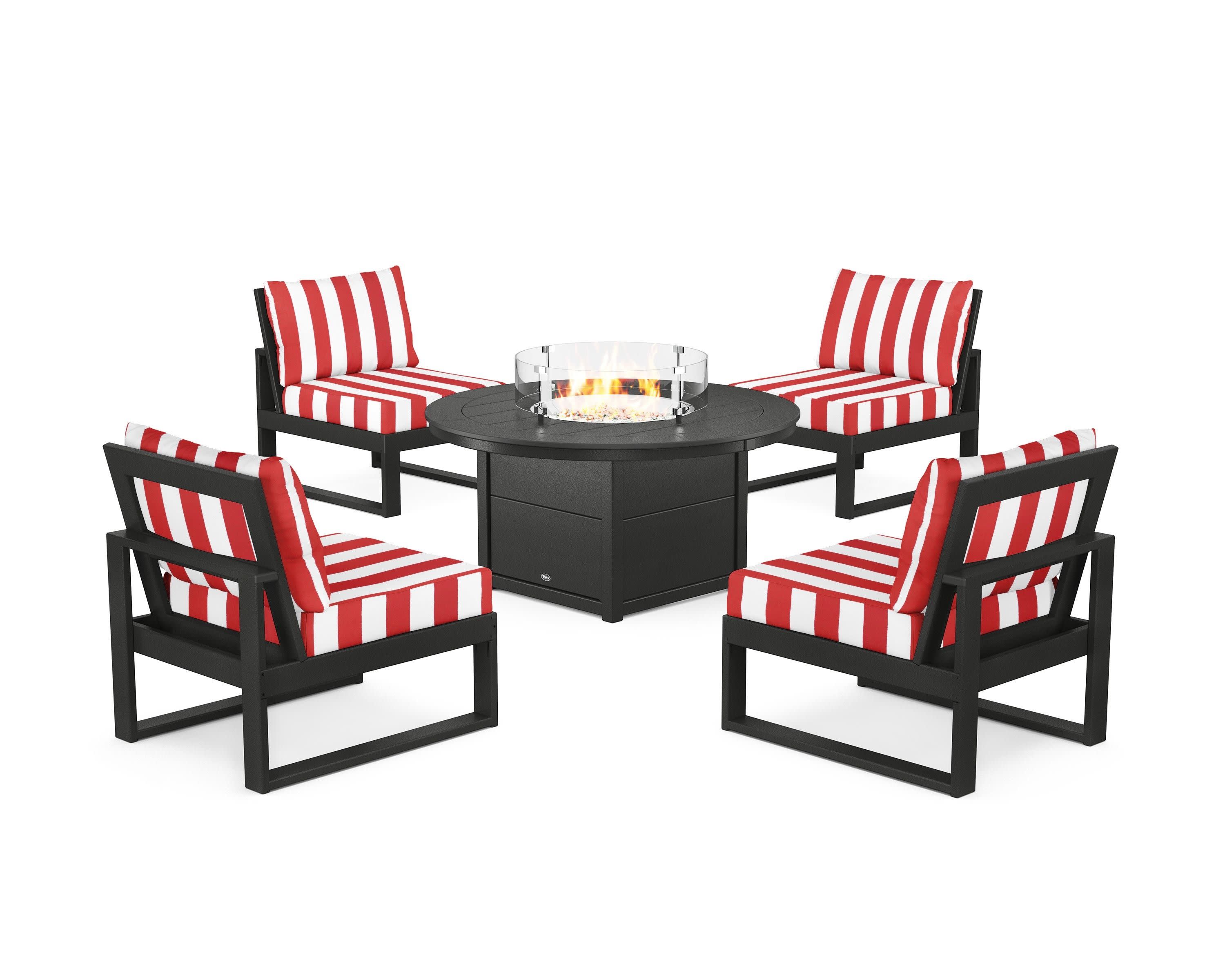 Eastport Modular 5-Piece Deep Seating Set with Round Fire Pit Table in Charcoal Black / Cabana Stripe Crimson