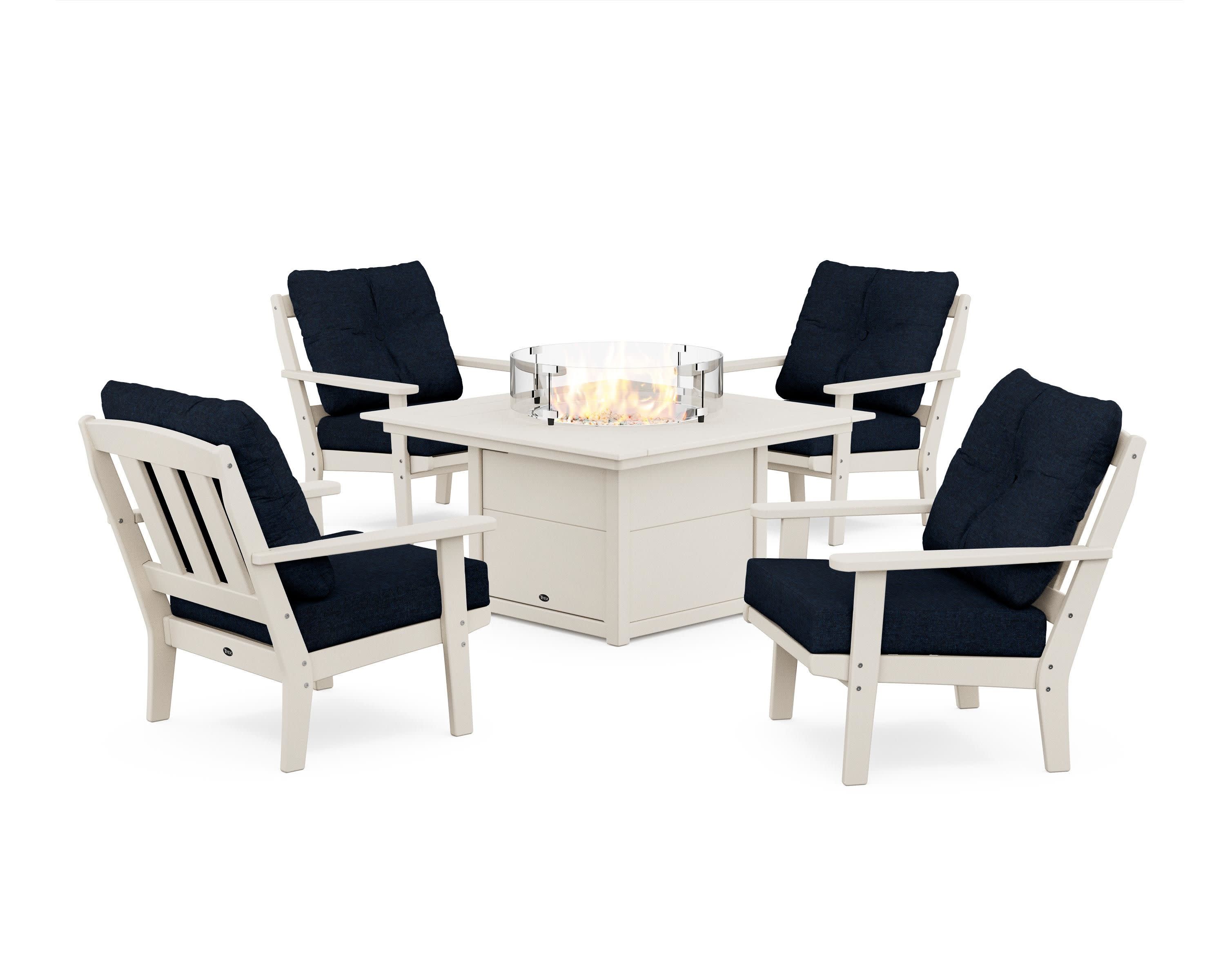 Cape Cod 5-Piece Deep Seating Set with Fire Pit Table in Sand Castle / Marine Indigo