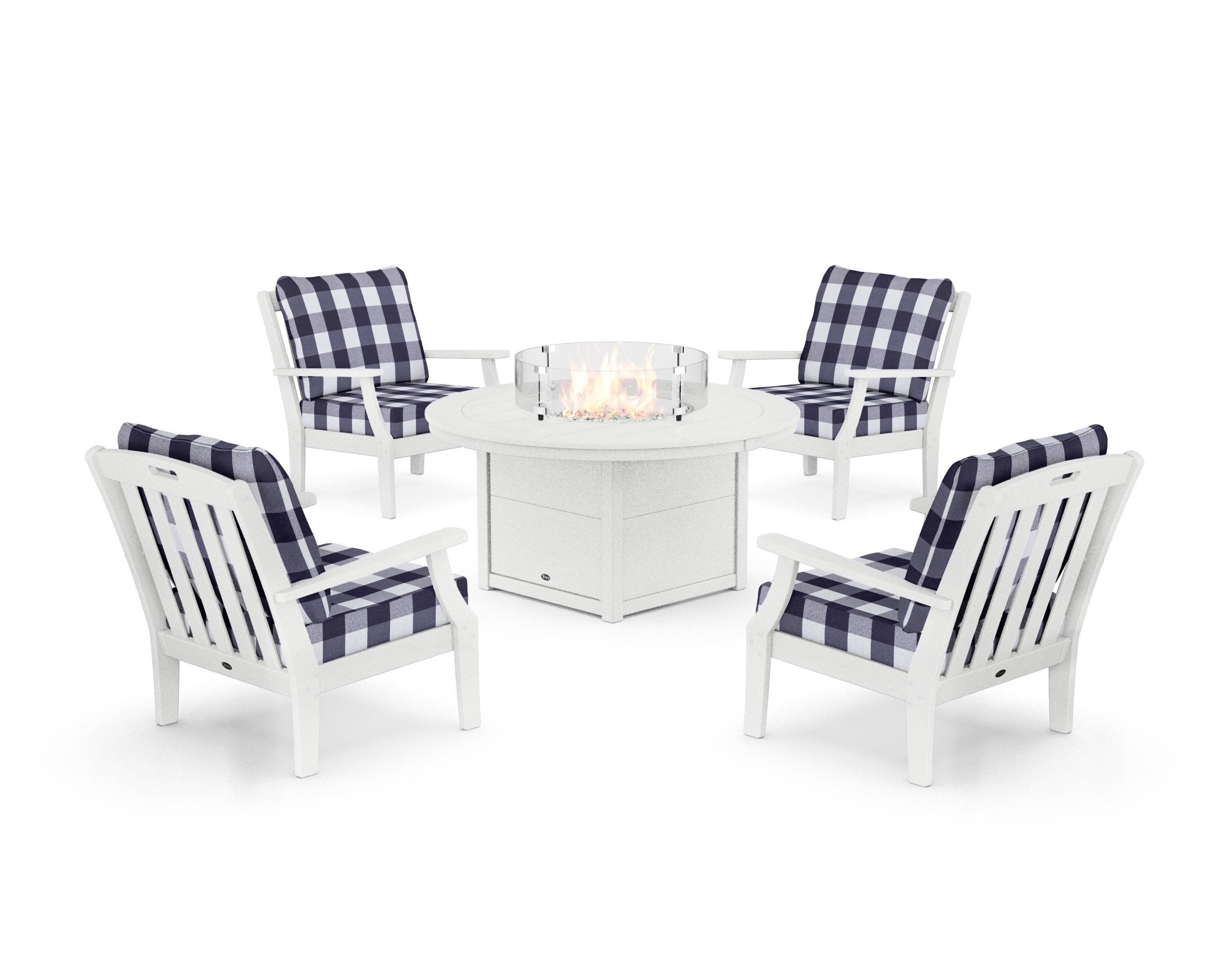 Yacht Club 5-Piece Deep Seating Set with Round Fire Pit Table in Classic White / Buffalo Plaid Navy