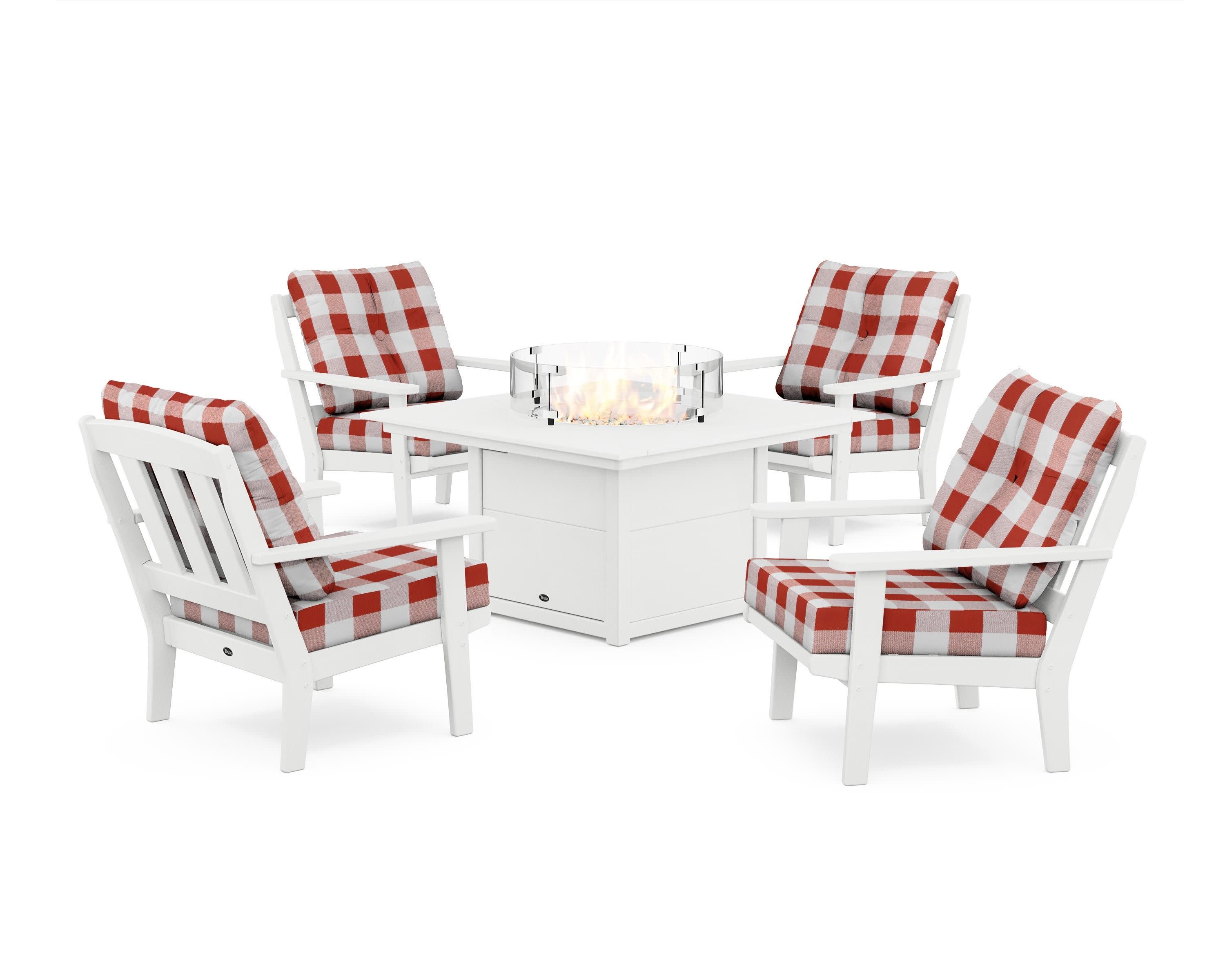 Cape Cod 5-Piece Deep Seating Set with Fire Pit Table in Classic White / Buffalo Plaid Crimson
