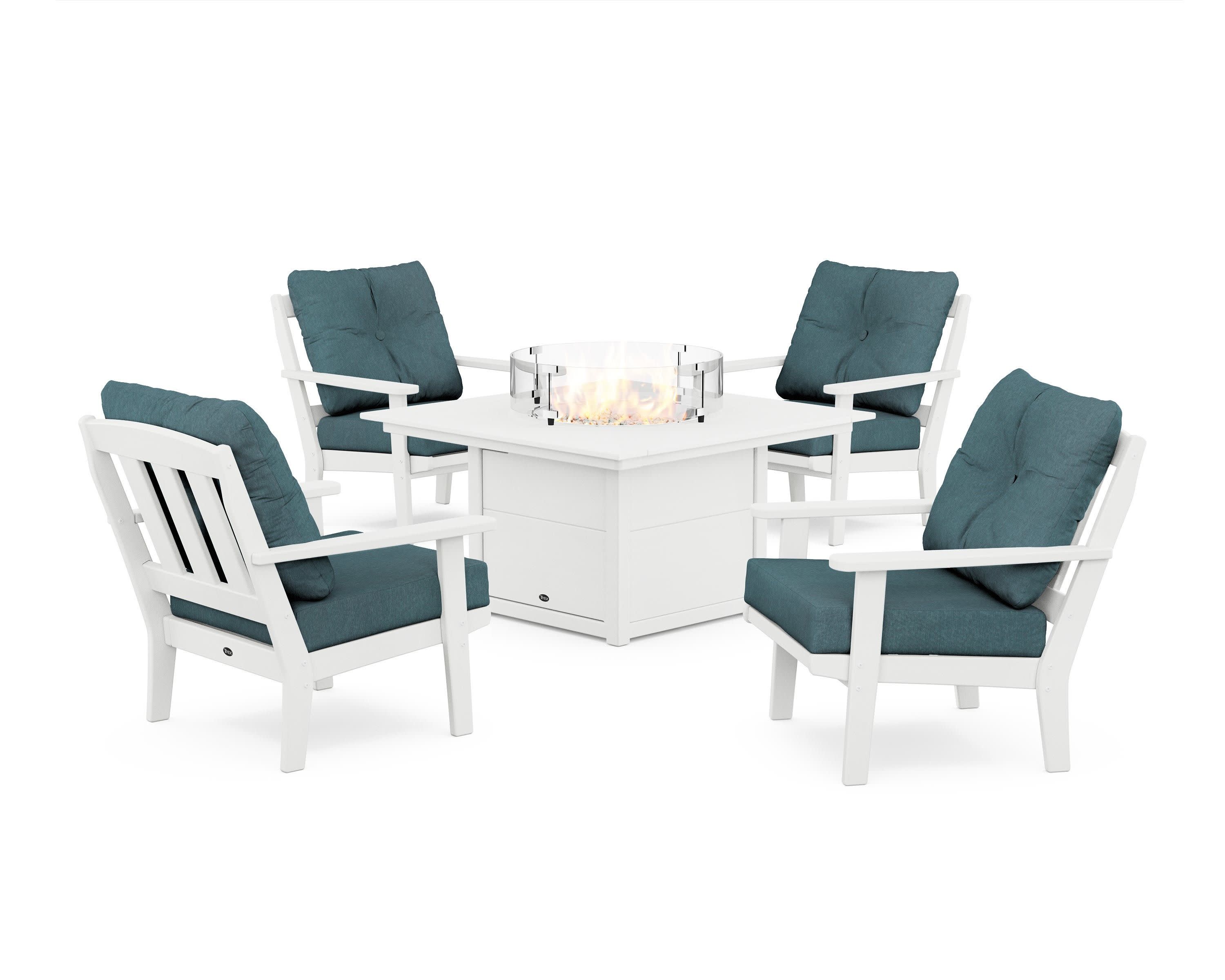 Cape Cod 5-Piece Deep Seating Set with Fire Pit Table in Classic White / Ocean Teal