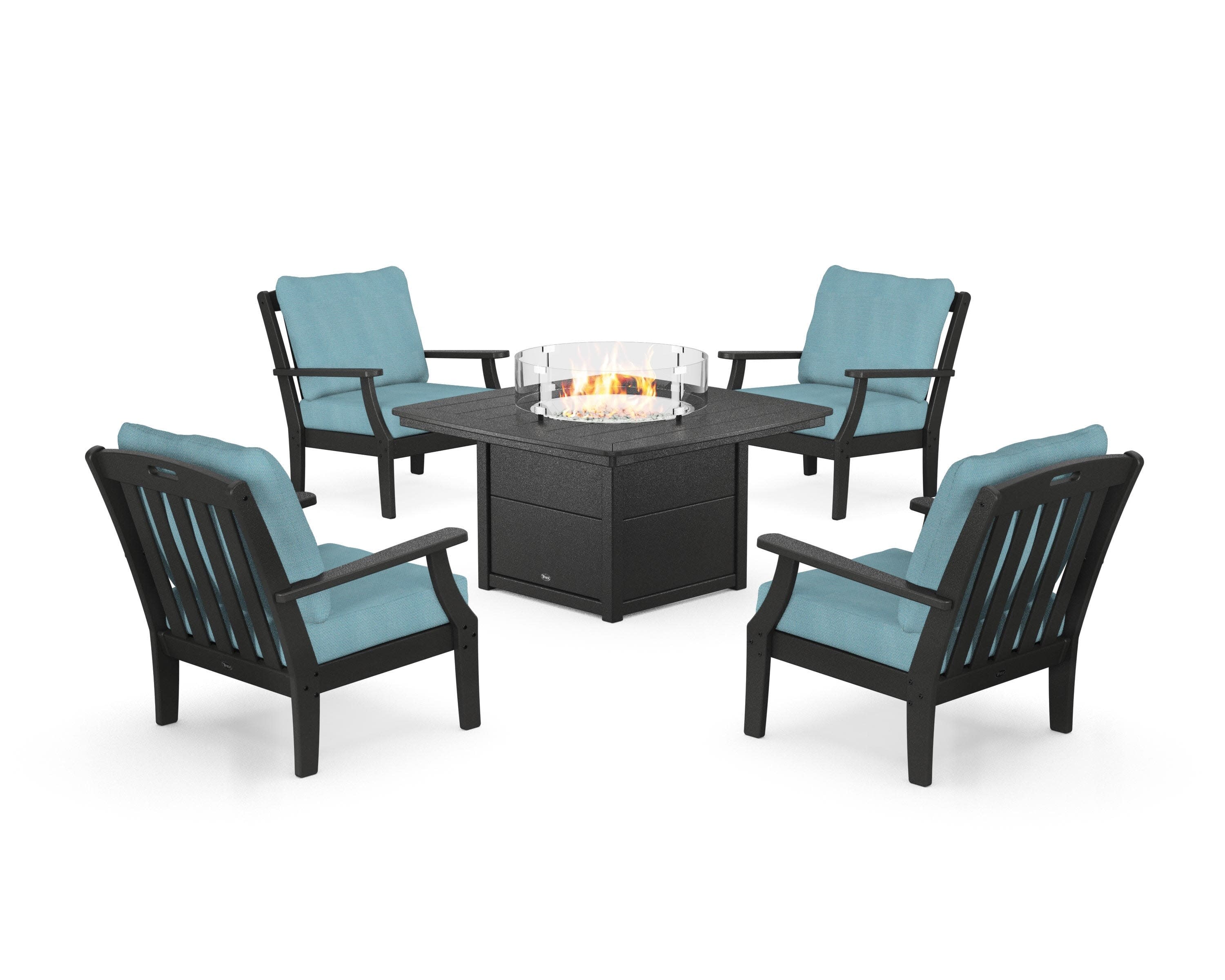 Yacht Club 5-Piece Deep Seating Set with Fire Pit Table in Charcoal Black / Lattice Sky Blue