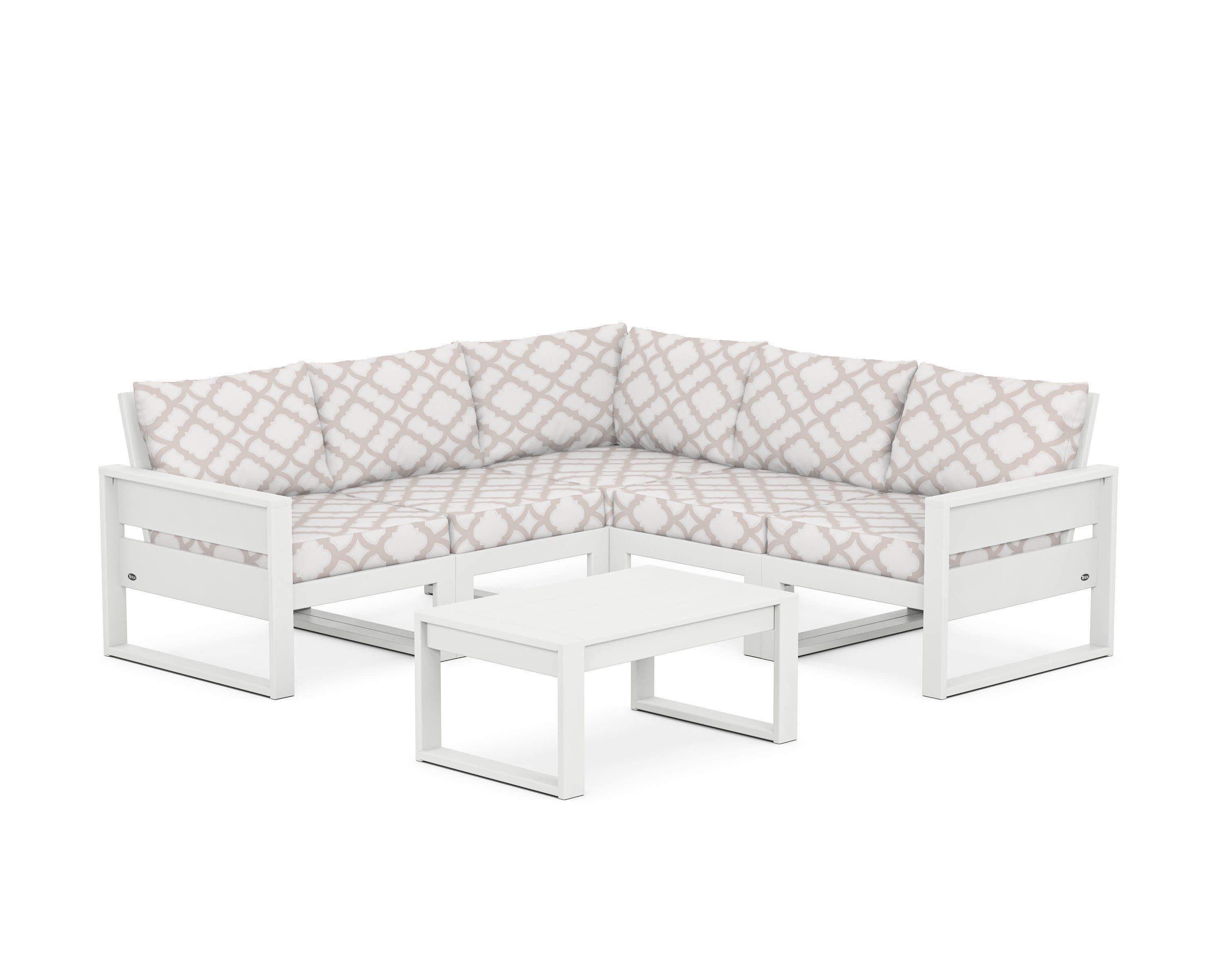 Eastport 6-Piece Deep Seating Sectional + Coffee Table Set in Classic White / Trellis Dune Burlap