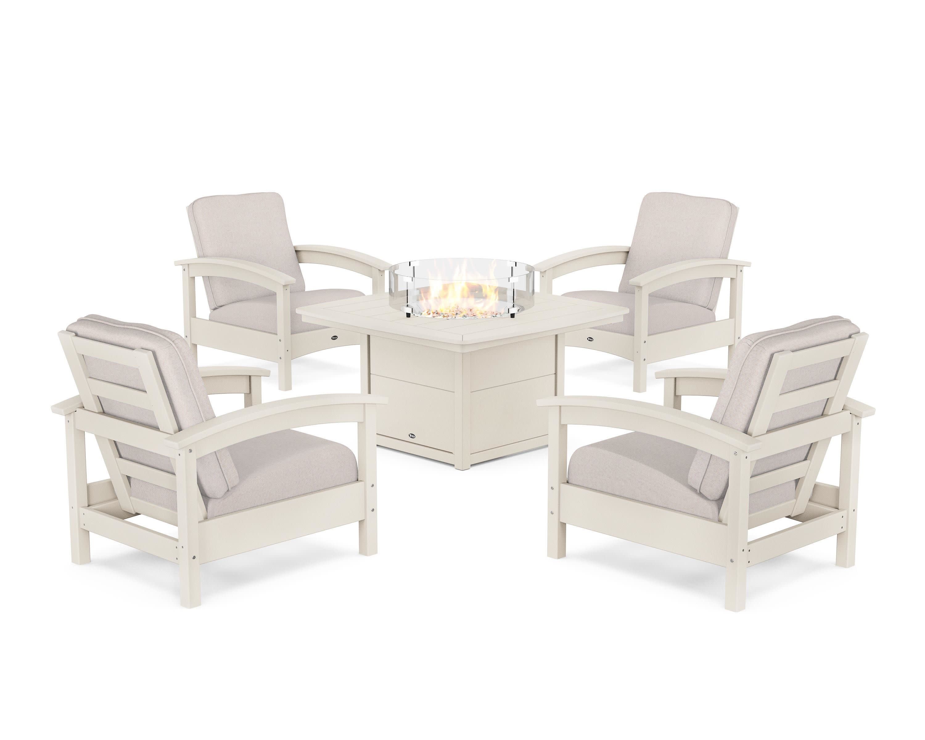 Rockport 5-Piece Deep Seating Set with Yacht Club Fire Pit Table in Sand Castle / Dune Burlap