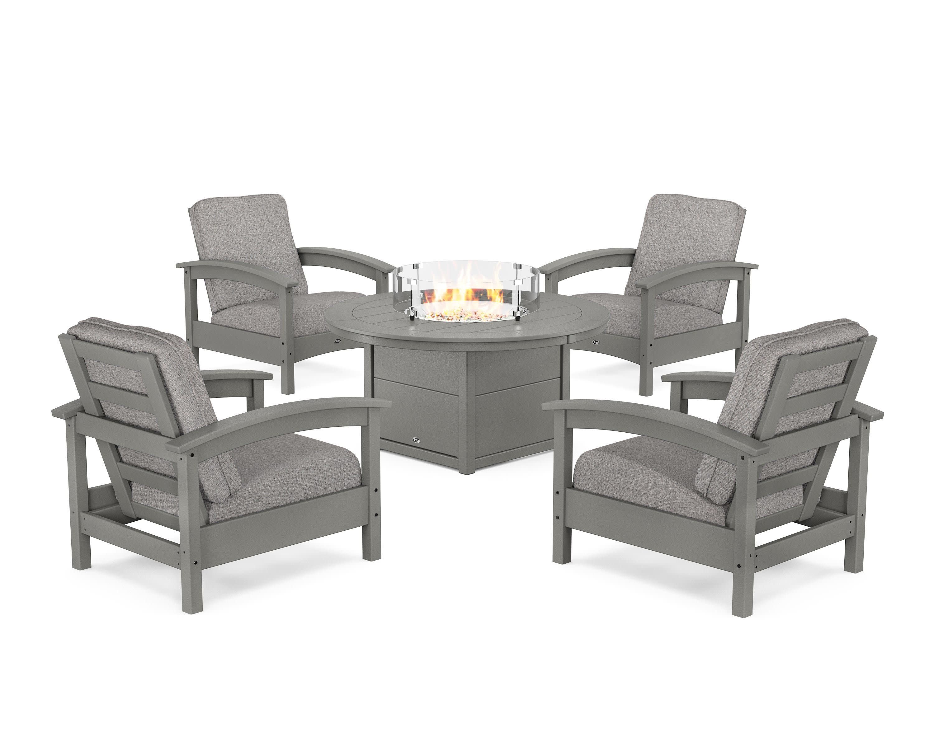 Rockport 5-Piece Deep Seating Set with Round Fire Pit Table in Stepping Stone / Grey Mist