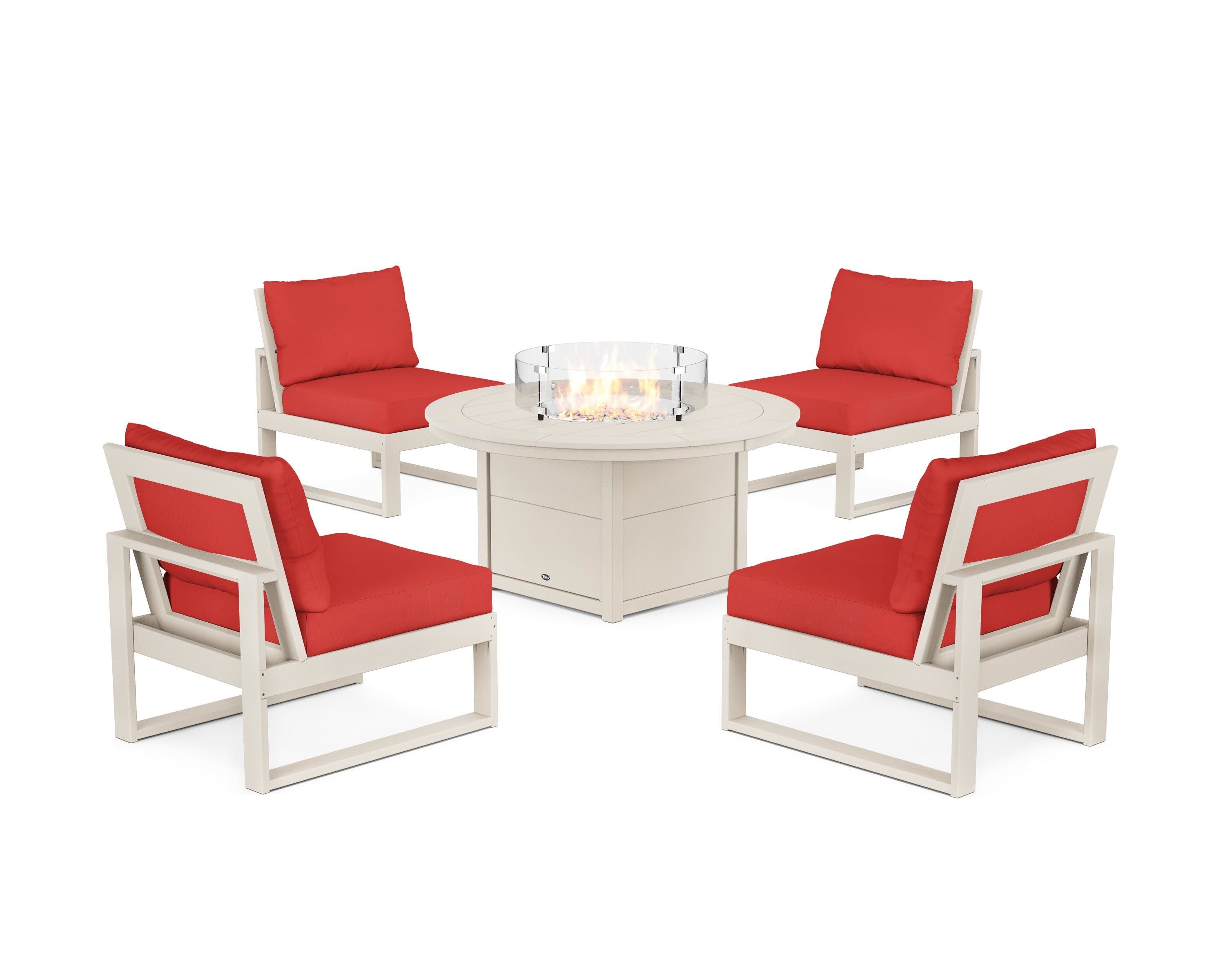 Eastport Modular 5-Piece Deep Seating Set with Round Fire Pit Table in Sand Castle / Crimson Linen