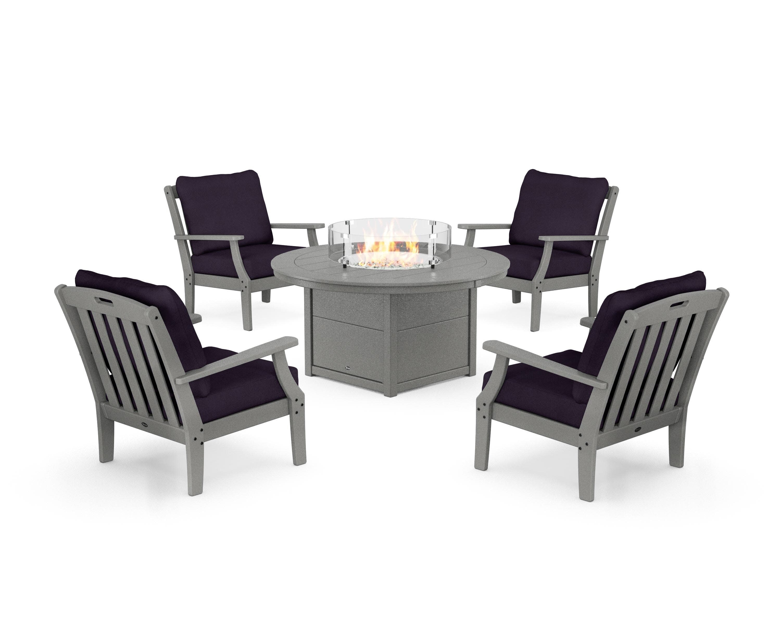 Yacht Club 5-Piece Deep Seating Set with Round Fire Pit Table in Stepping Stone / Navy Linen