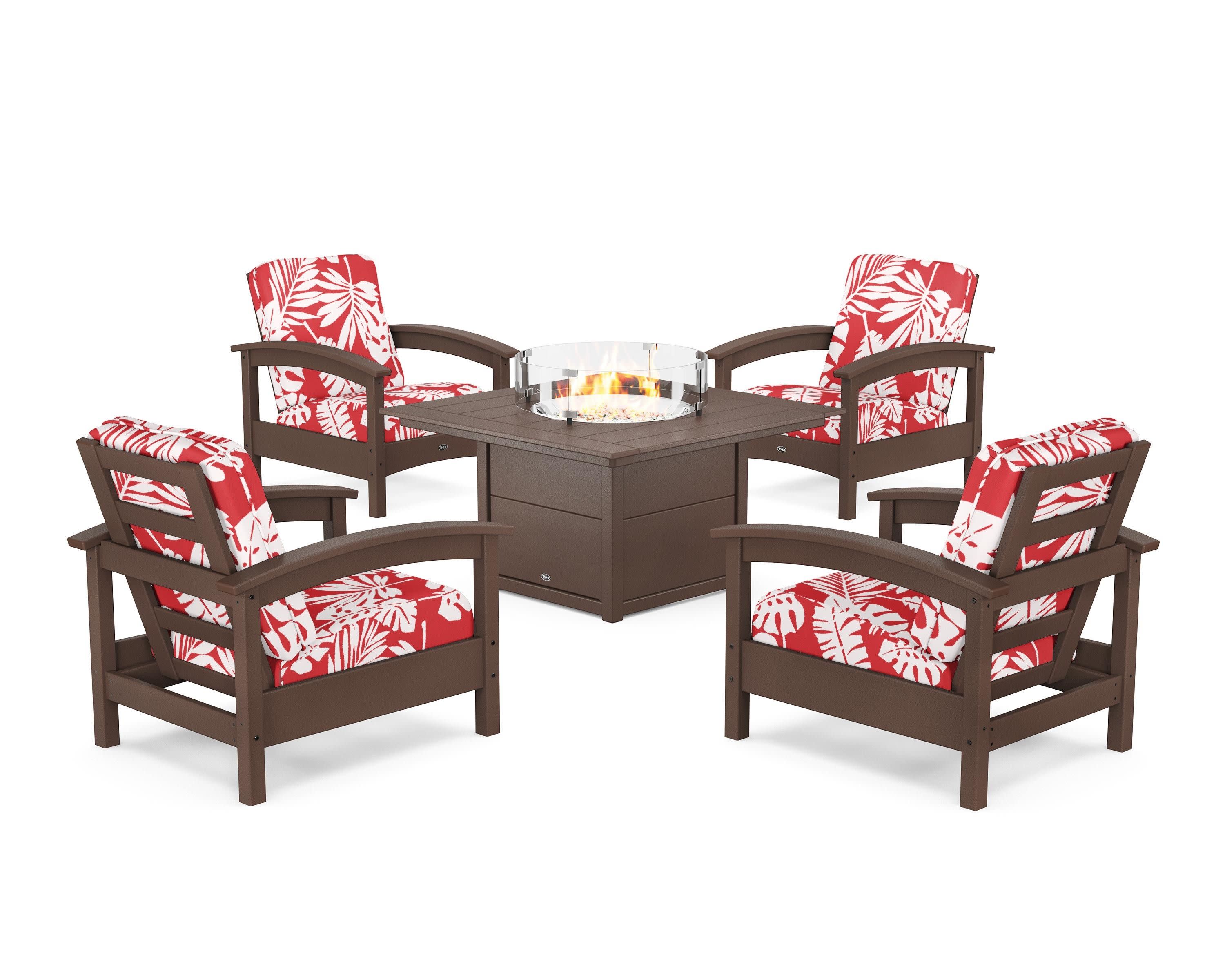 Rockport 5-Piece Deep Seating Set with Square Fire Pit Table in Vintage Lantern / Leaf Crimson