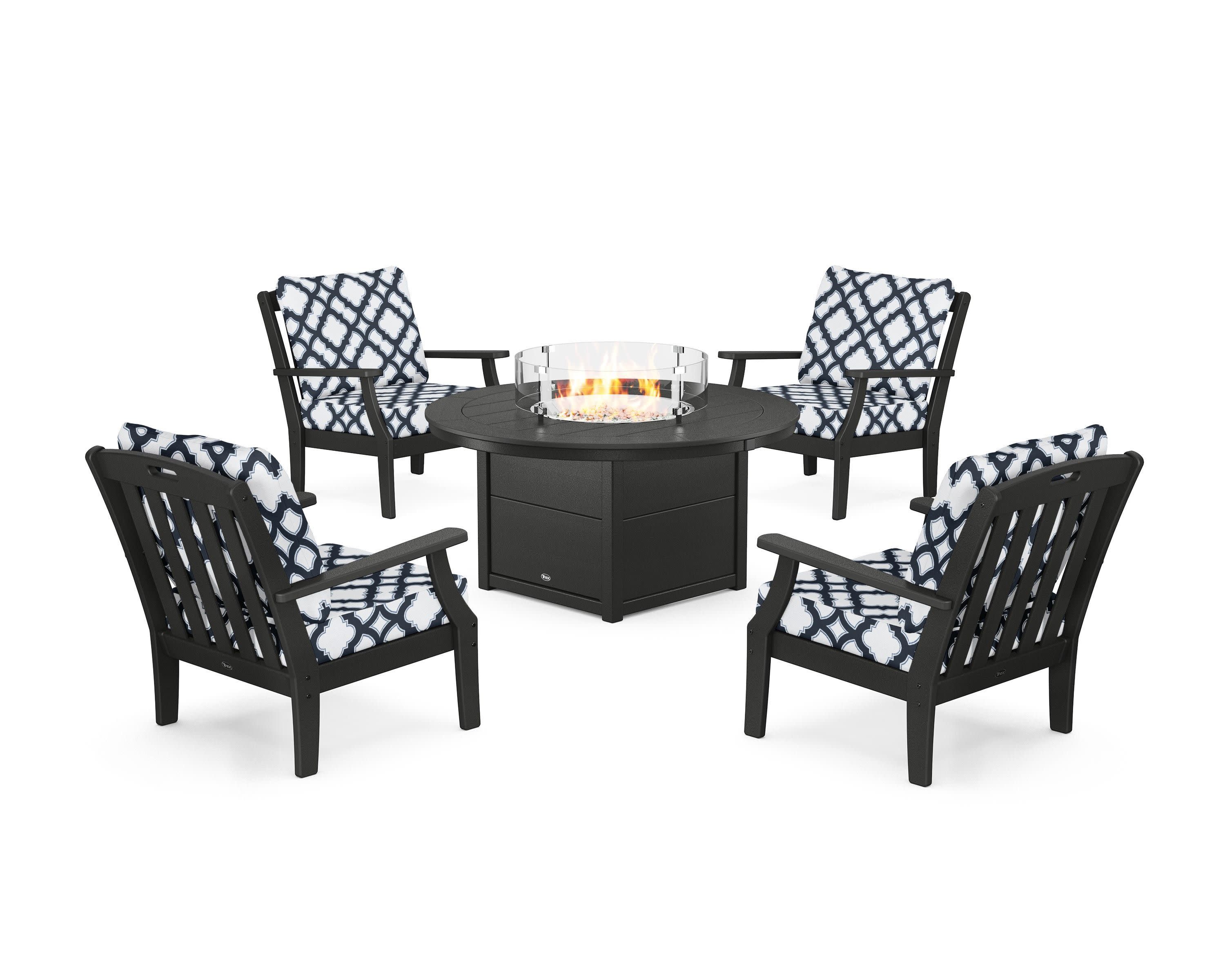 Yacht Club 5-Piece Deep Seating Set with Round Fire Pit Table in Charcoal Black / Trellis Marine Indigo