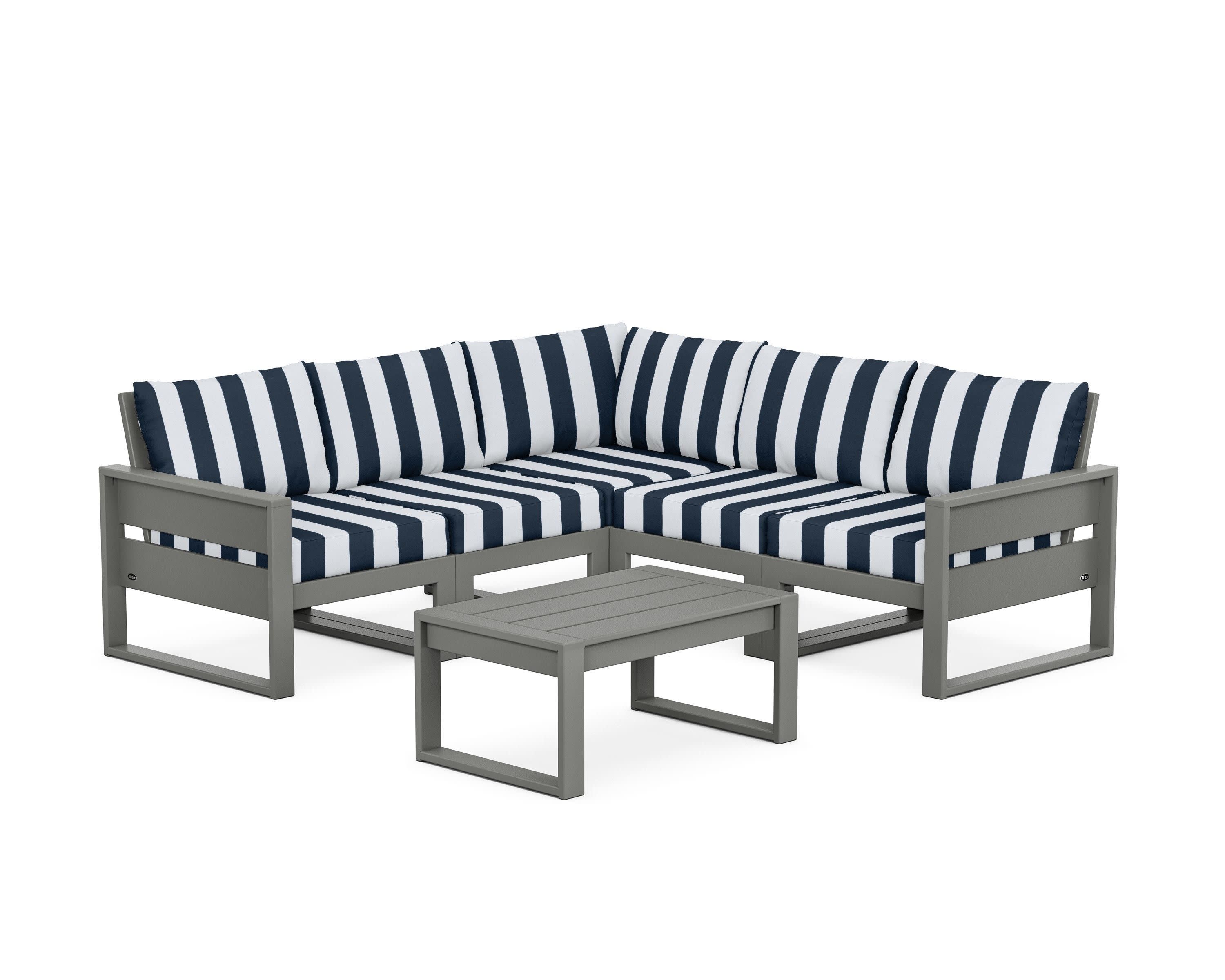 Eastport 6-Piece Deep Seating Sectional + Coffee Table Set in Stepping Stone / Cabana Stripe Marine Indigo