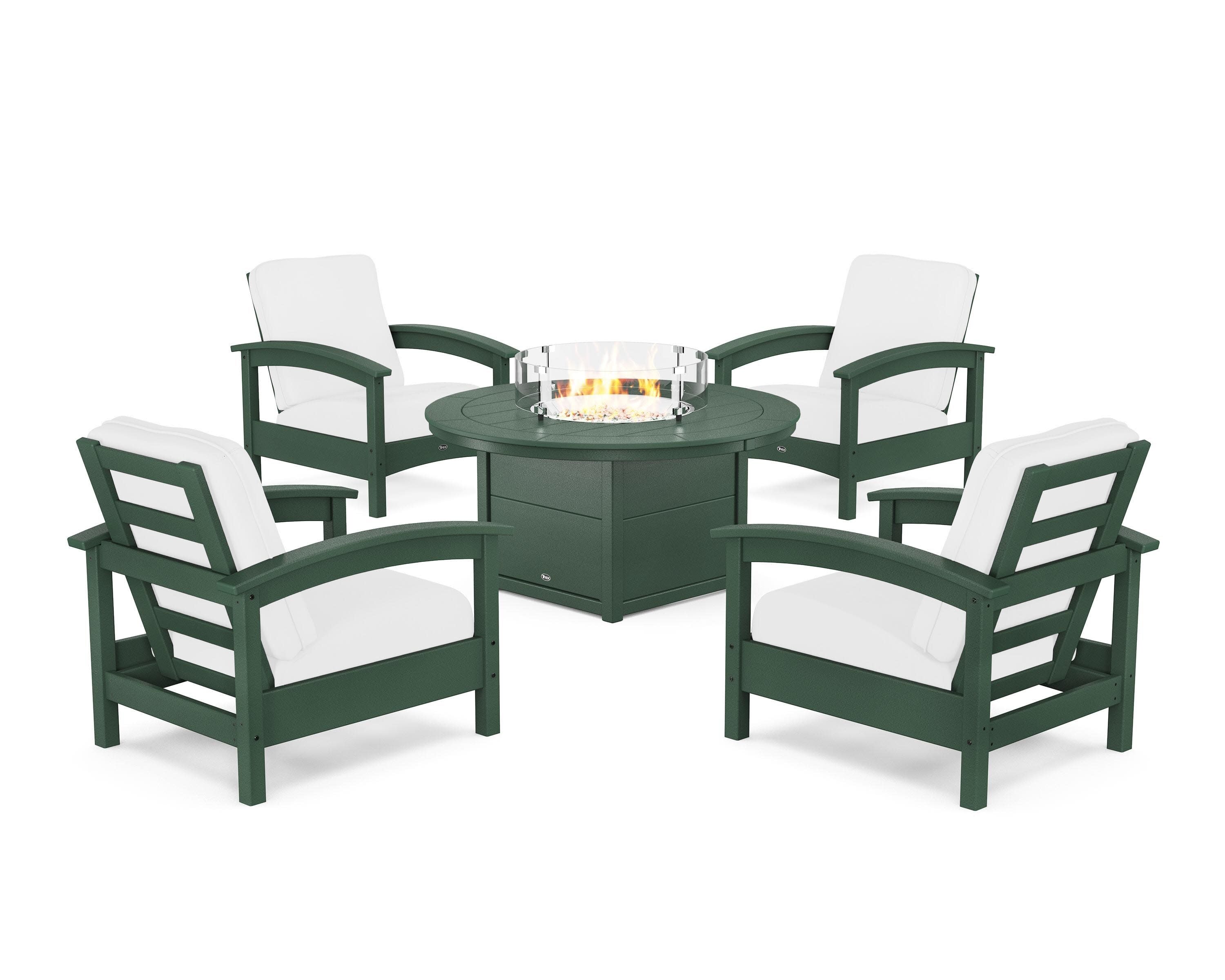 Rockport 5-Piece Deep Seating Set with Round Fire Pit Table in Rainforest Canopy / Natural