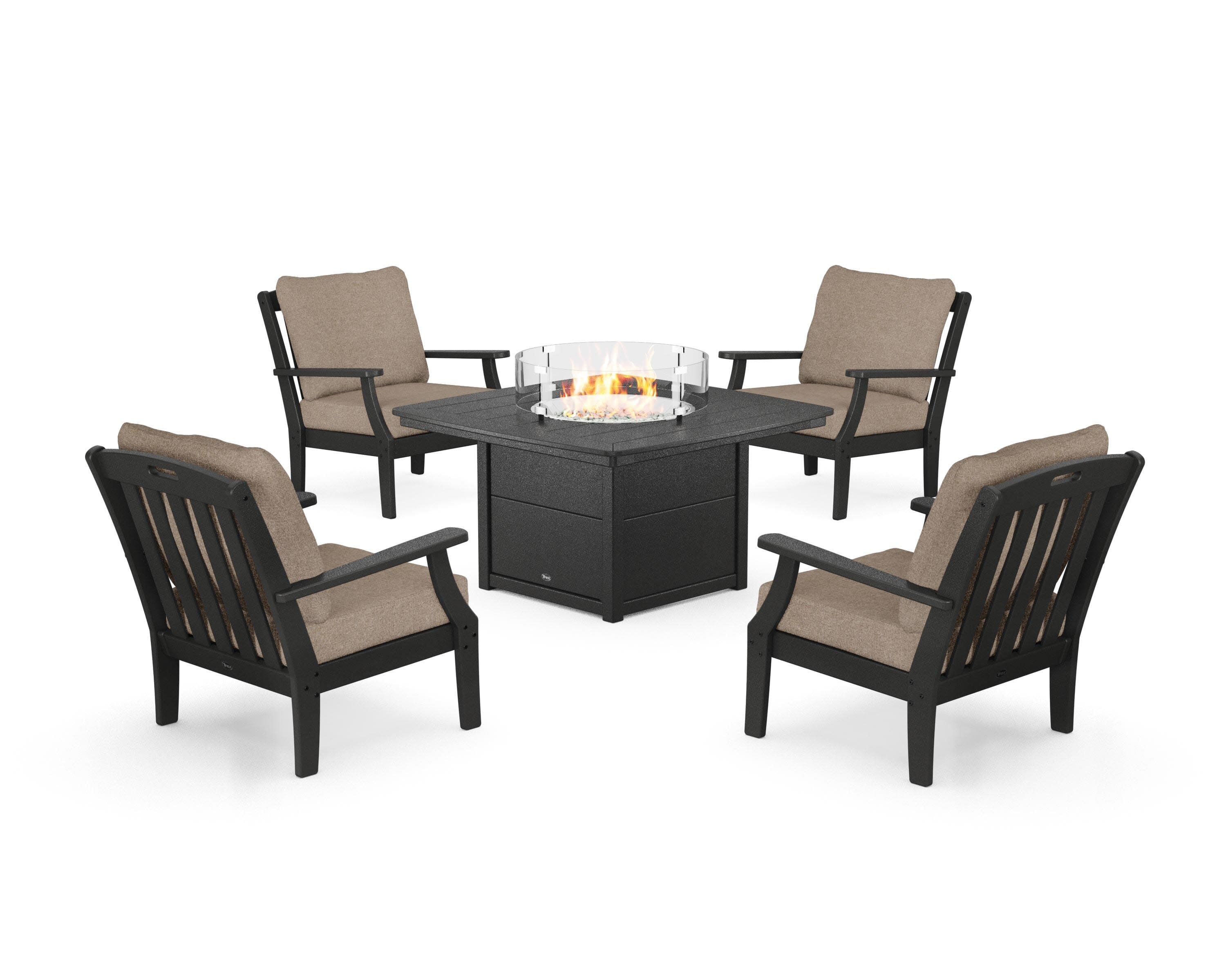 Yacht Club 5-Piece Deep Seating Set with Fire Pit Table in Charcoal Black / Spiced Burlap