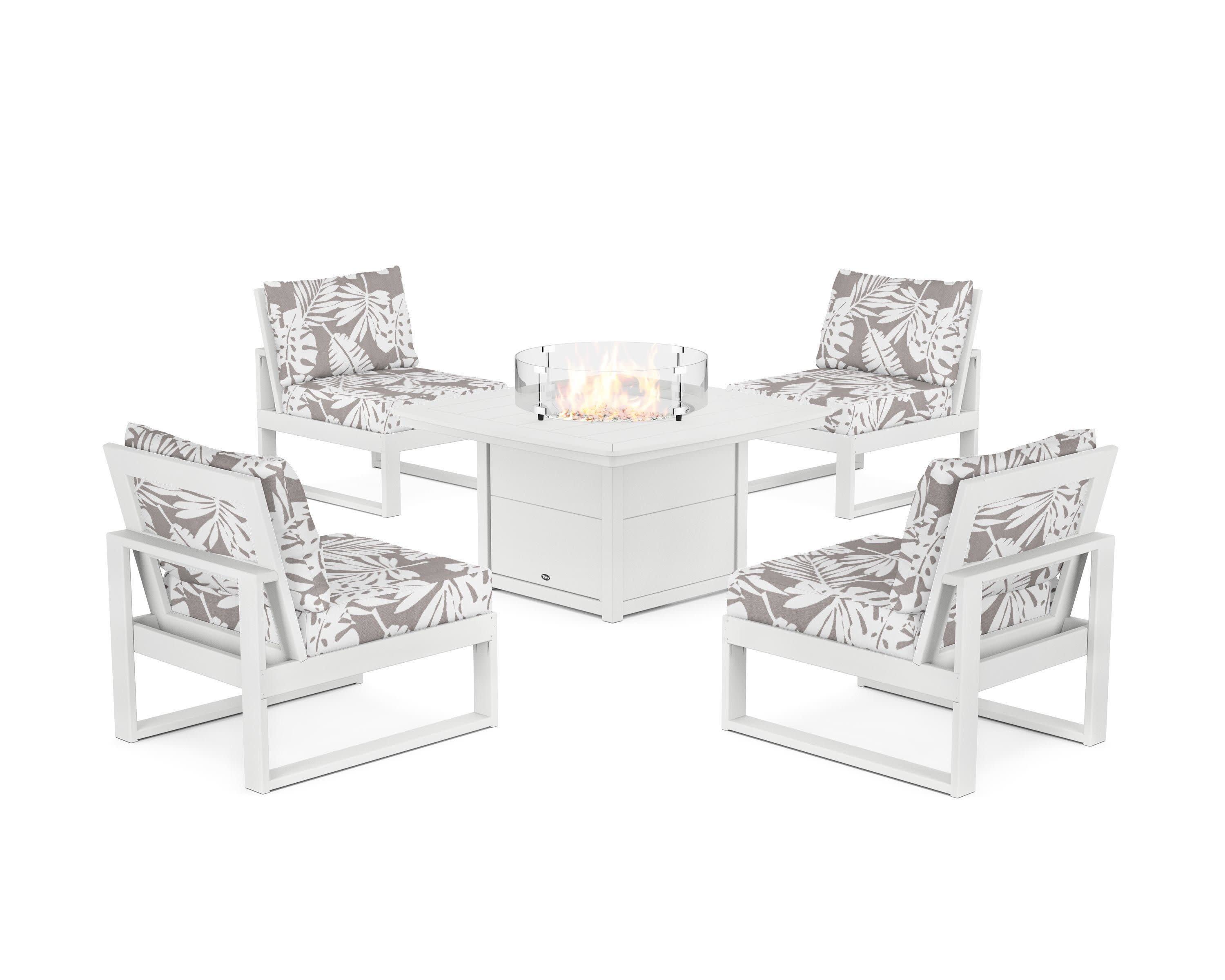 Eastport Modular 5-Piece Deep Seating Set with Yacht Club Fire Pit Table in Classic White / Leaf Grey Mist