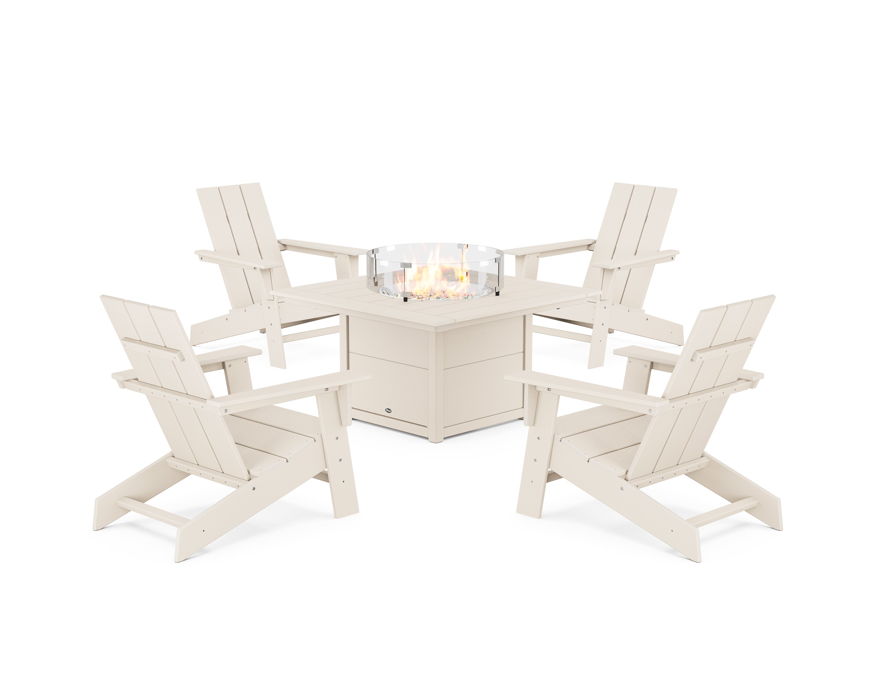 Eastport Modern Adirondack 5-Piece Set with Square Fire Pit Table in Sand Castle