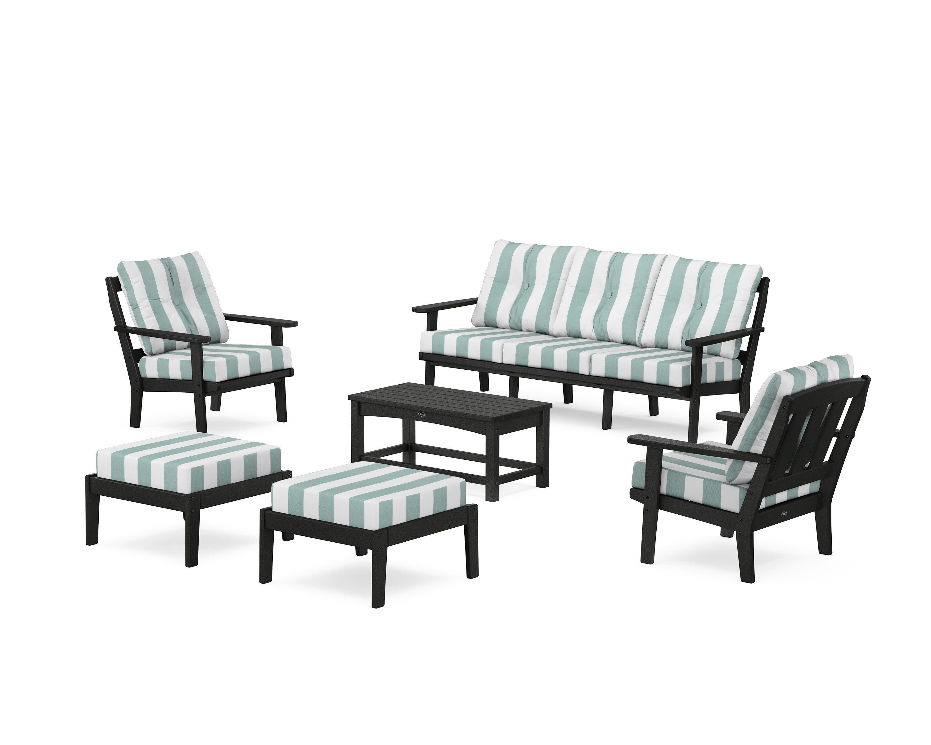 Cape Cod 6-Piece Lounge Sofa Set in Charcoal Black / Cabana Stripe Glacier Spa