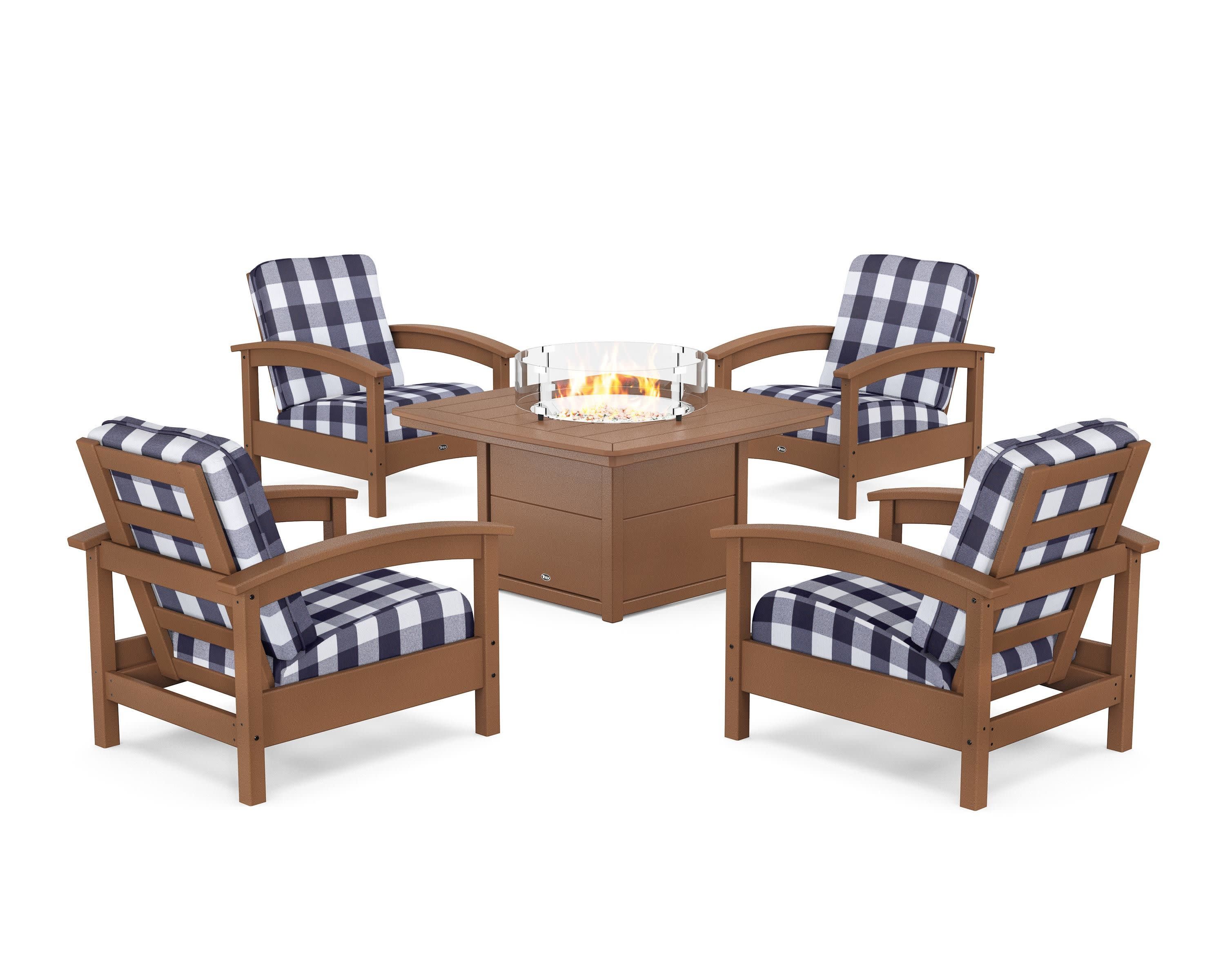 Rockport 5-Piece Deep Seating Set with Yacht Club Fire Pit Table in Tree House / Buffalo Plaid Navy