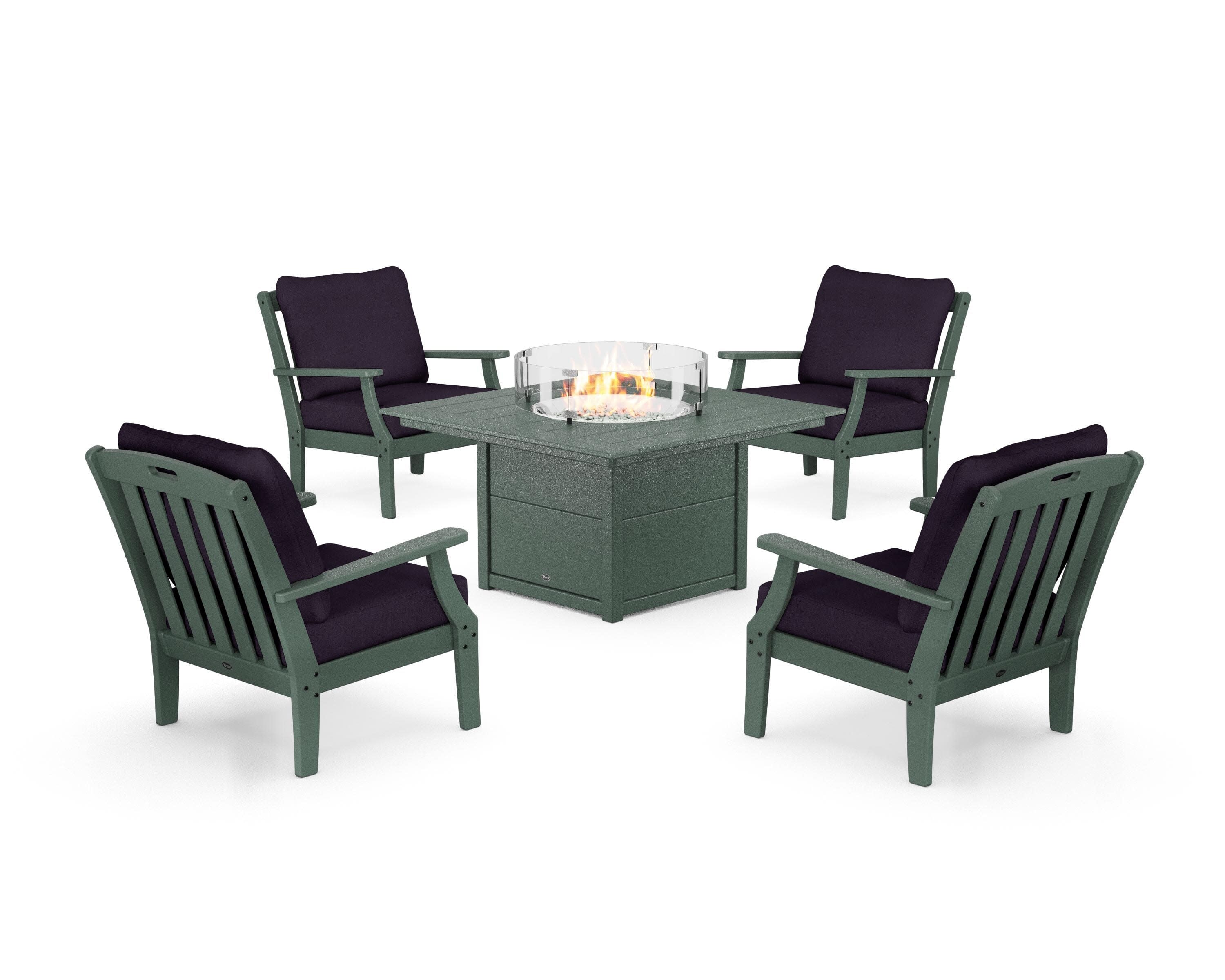 Yacht Club 5-Piece Deep Seating Set with Square Fire Pit Table in Rainforest Canopy / Navy Linen