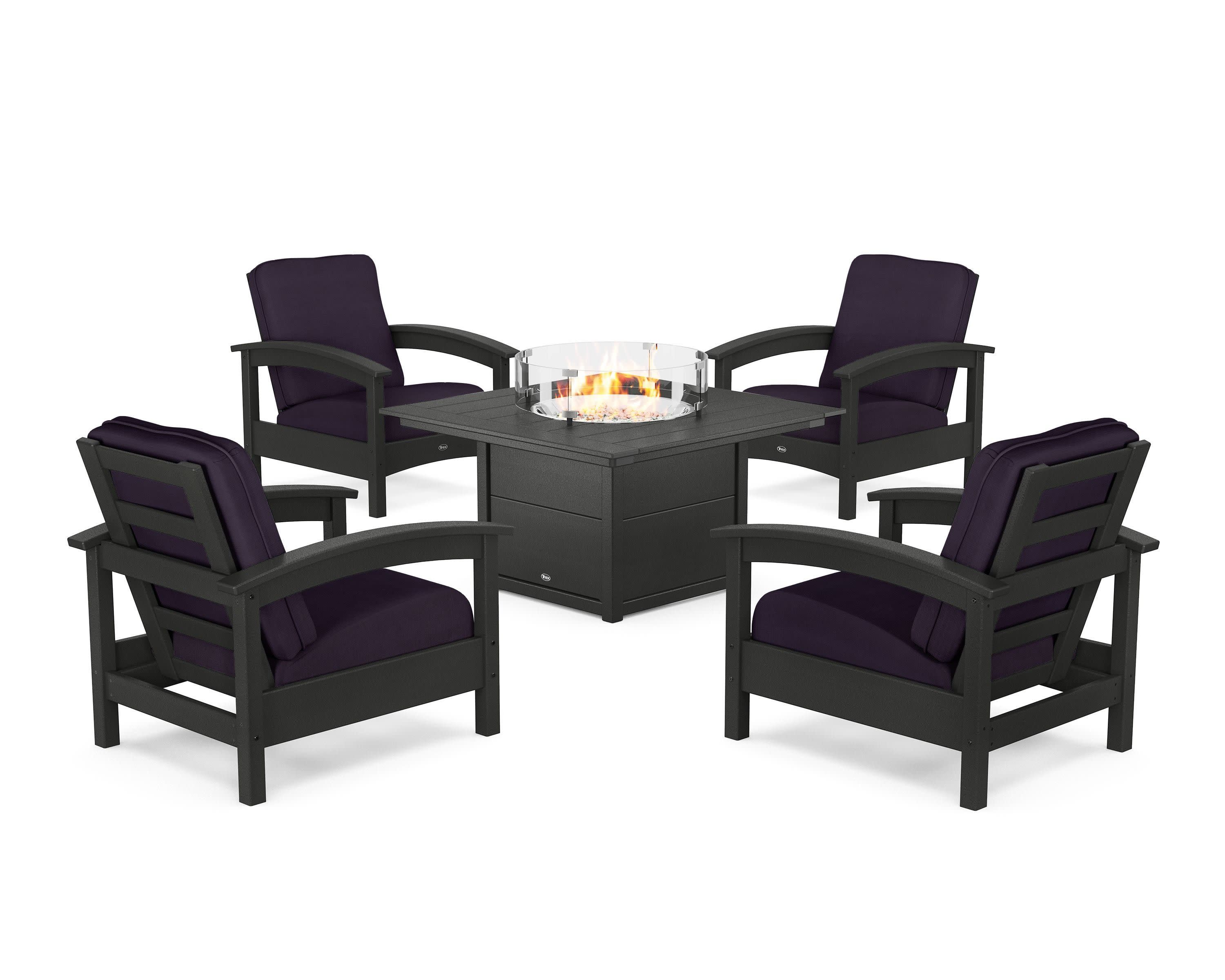 Rockport 5-Piece Deep Seating Set with Square Fire Pit Table in Charcoal Black / Navy Linen