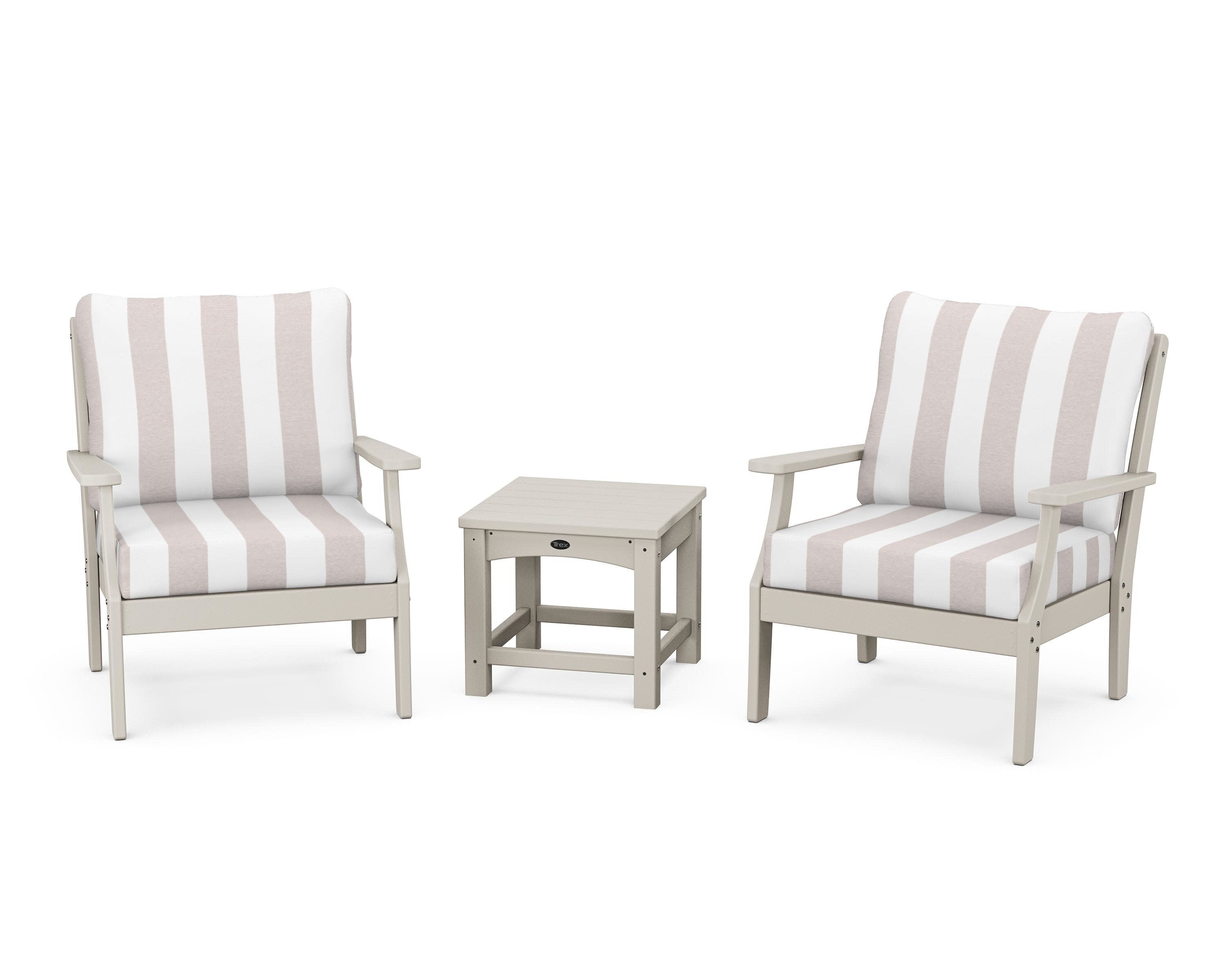 Yacht Club 3-Piece Deep Seating Set in Sand Castle / Cabana Stripe Dune Burlap