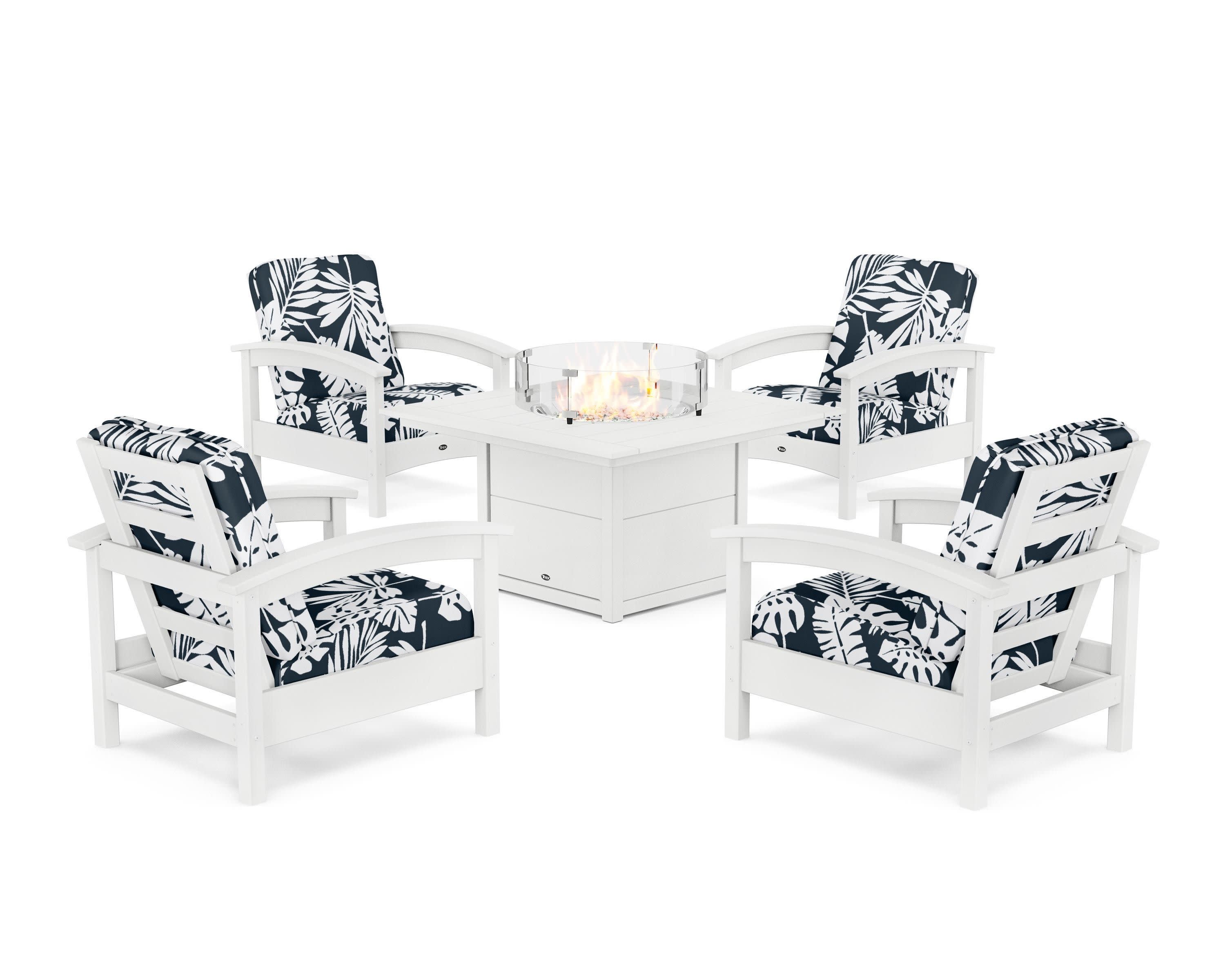 Rockport 5-Piece Deep Seating Set with Square Fire Pit Table in Classic White / Leaf Marine Indigo