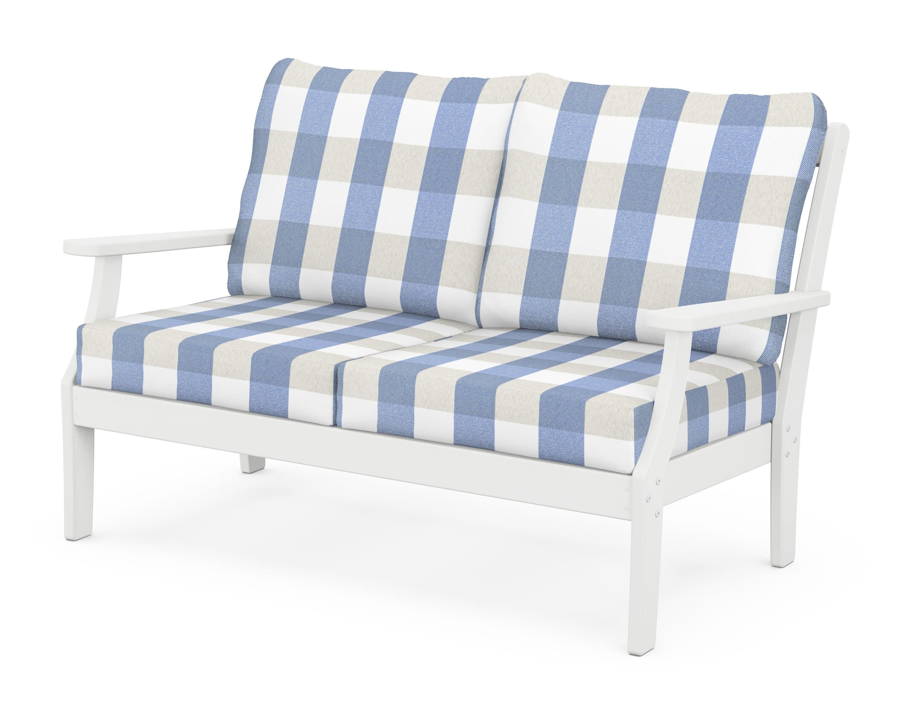 Yacht Club Deep Seating Loveseat in Classic White / Buffalo Plaid Sky Blue