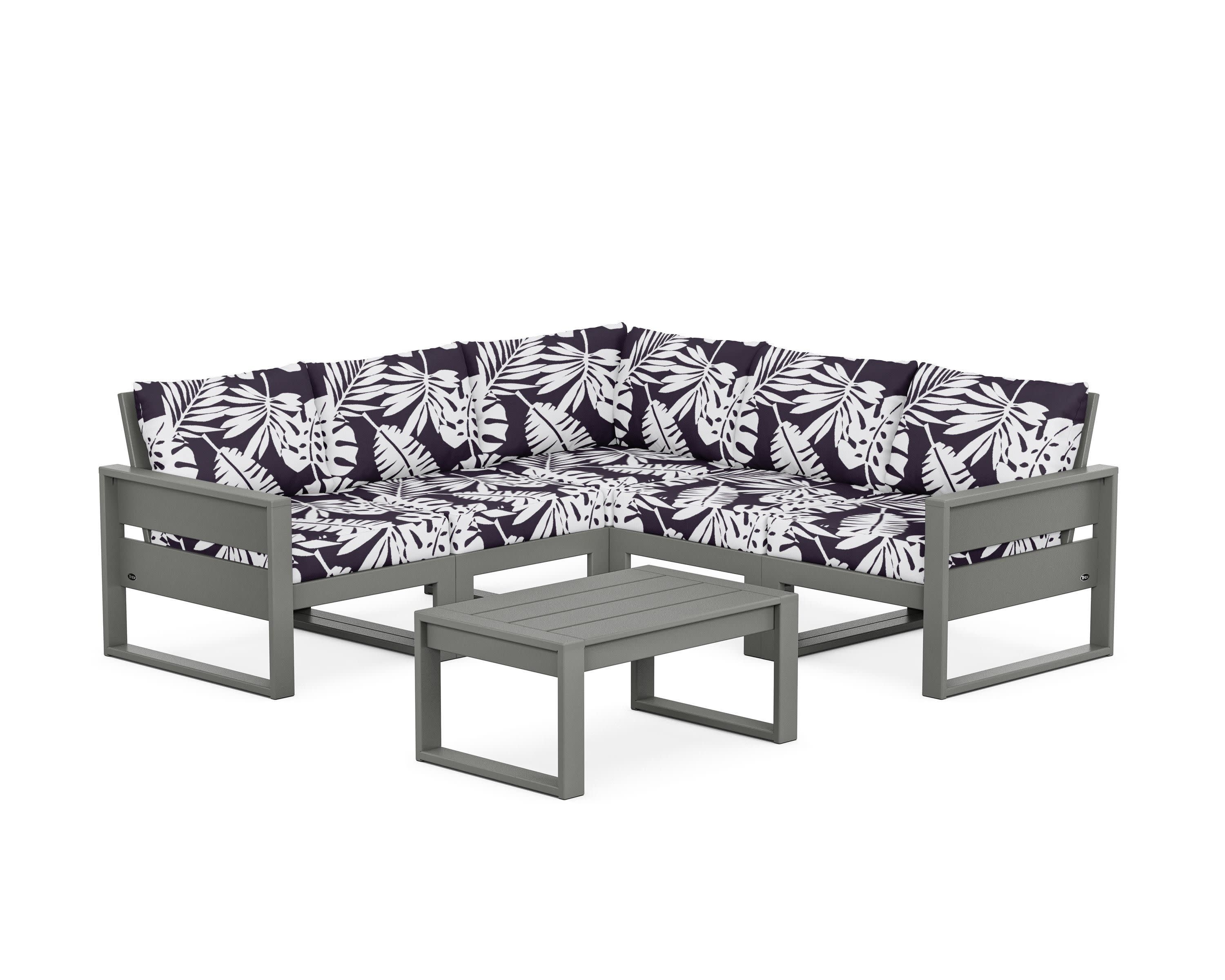 Eastport 6-Piece Deep Seating Sectional + Coffee Table Set in Stepping Stone / Leaf Navy