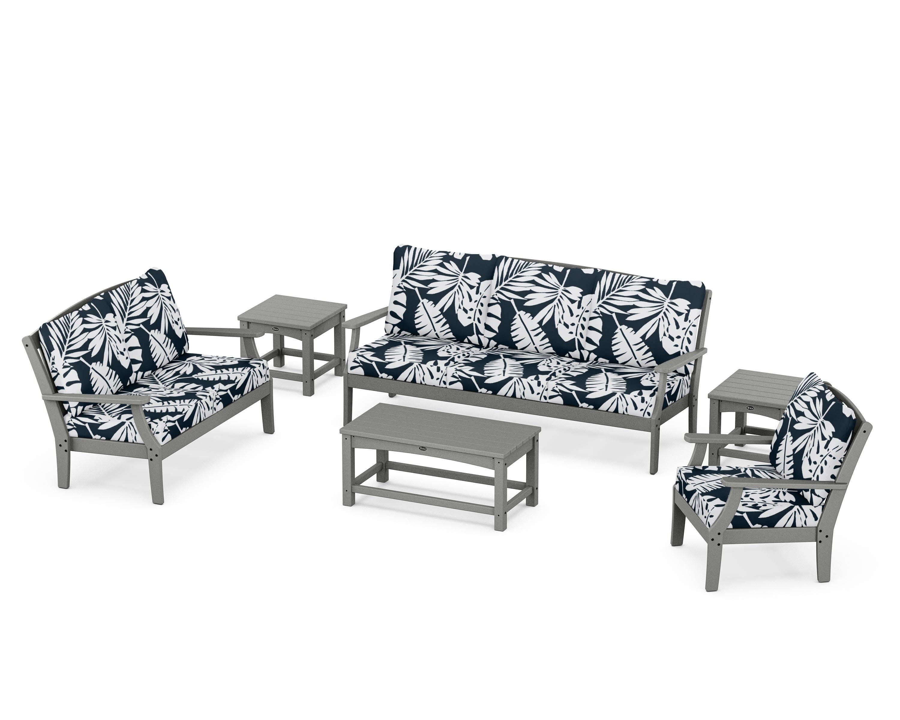 Yacht Club 6-Piece Deep Seating Set in Stepping Stone / Leaf Marine Indigo