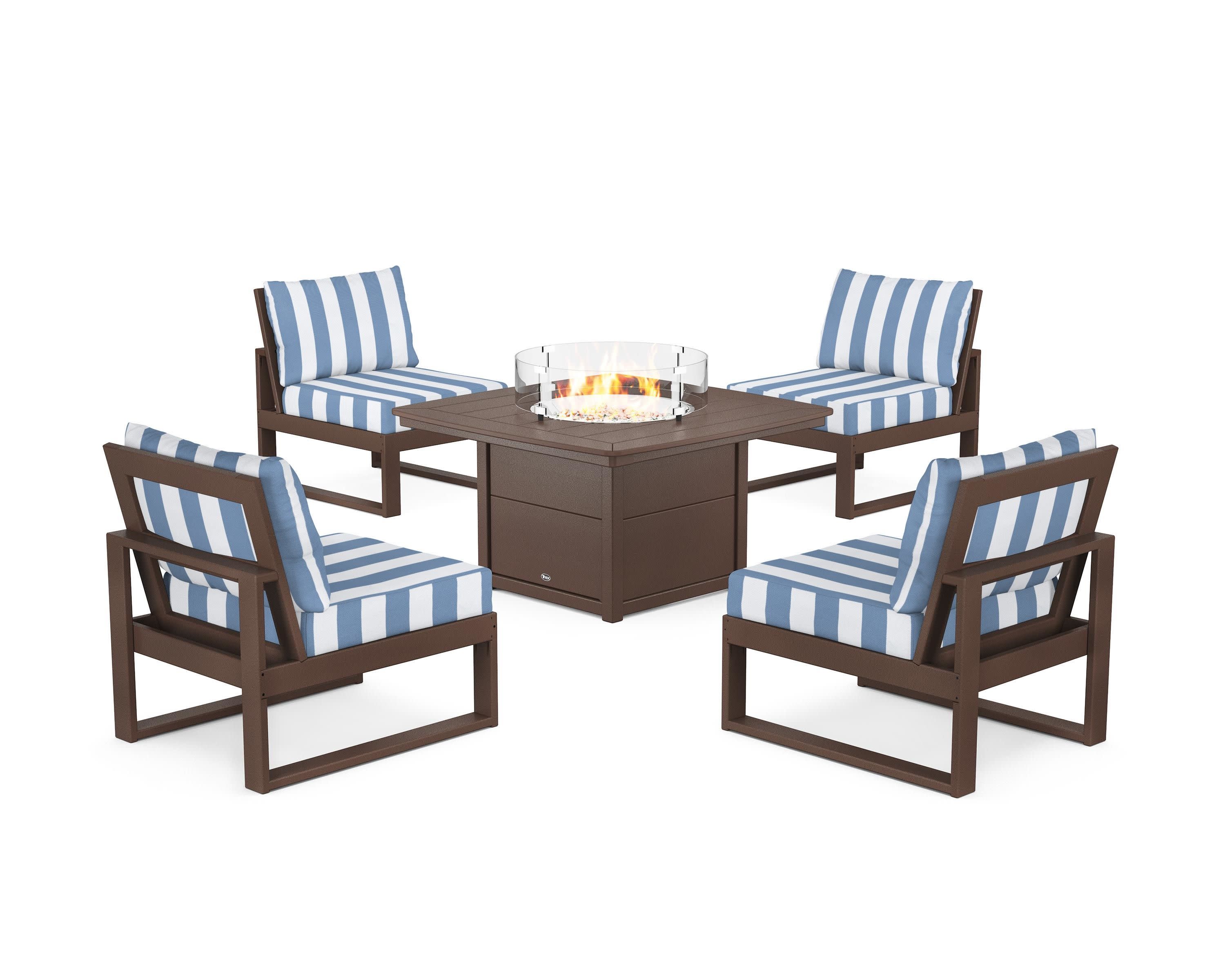 Eastport Modular 5-Piece Deep Seating Set with Yacht Club Fire Pit Table in Vintage Lantern / Cabana Stripe Sky Blue