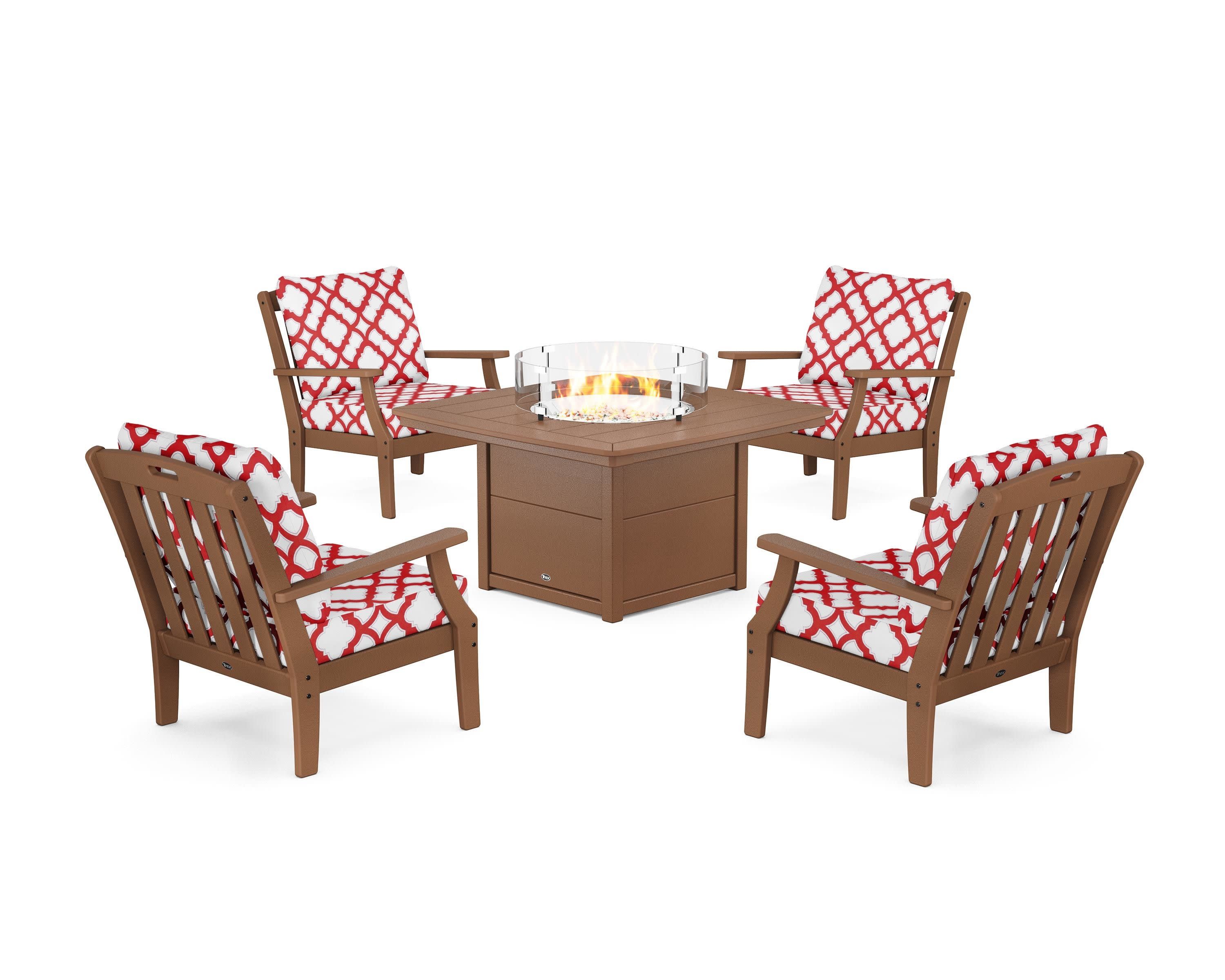 Yacht Club 5-Piece Deep Seating Set with Fire Pit Table in Tree House / Trellis Crimson
