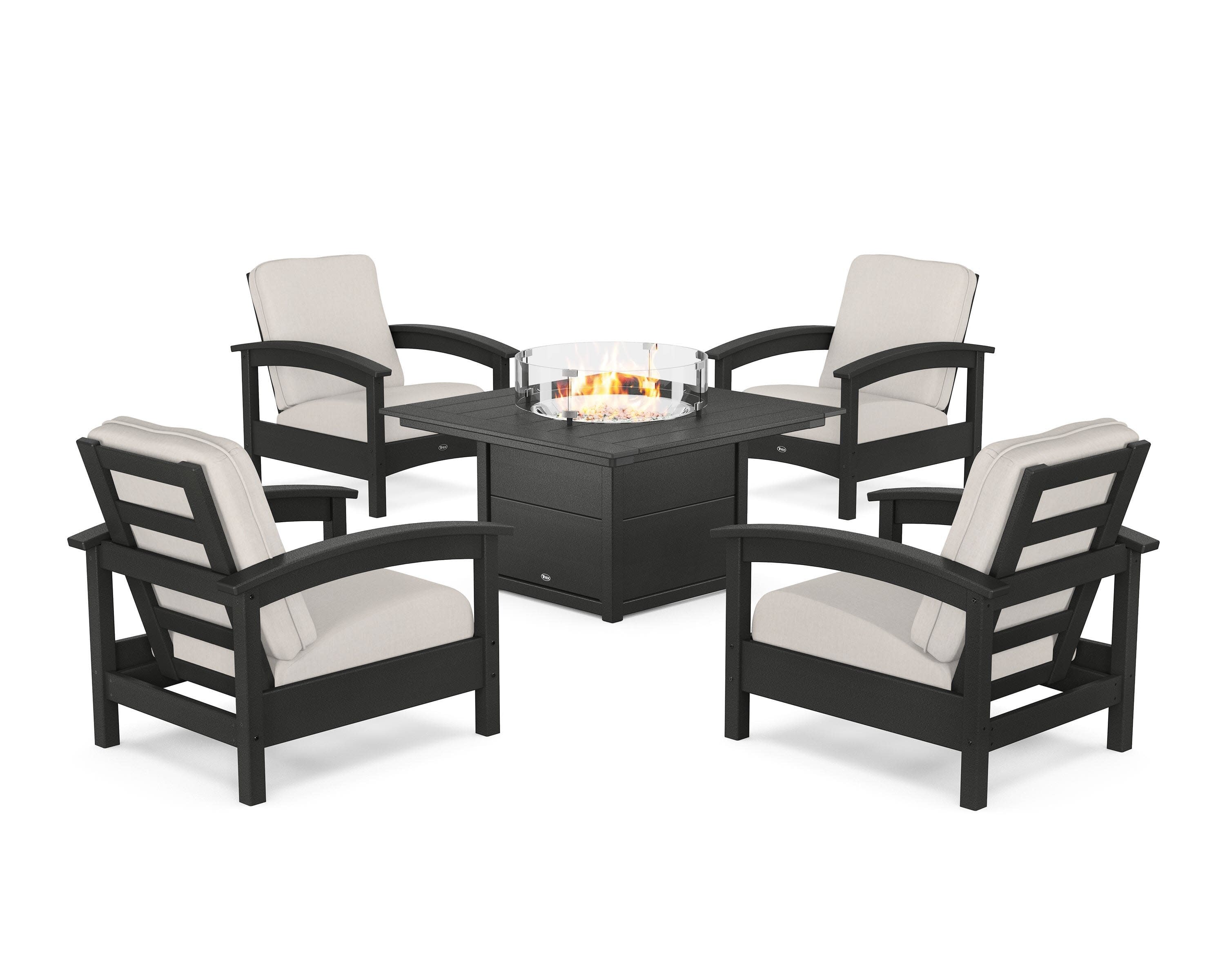 Rockport 5-Piece Deep Seating Set with Square Fire Pit Table in Charcoal Black / Cast Ash
