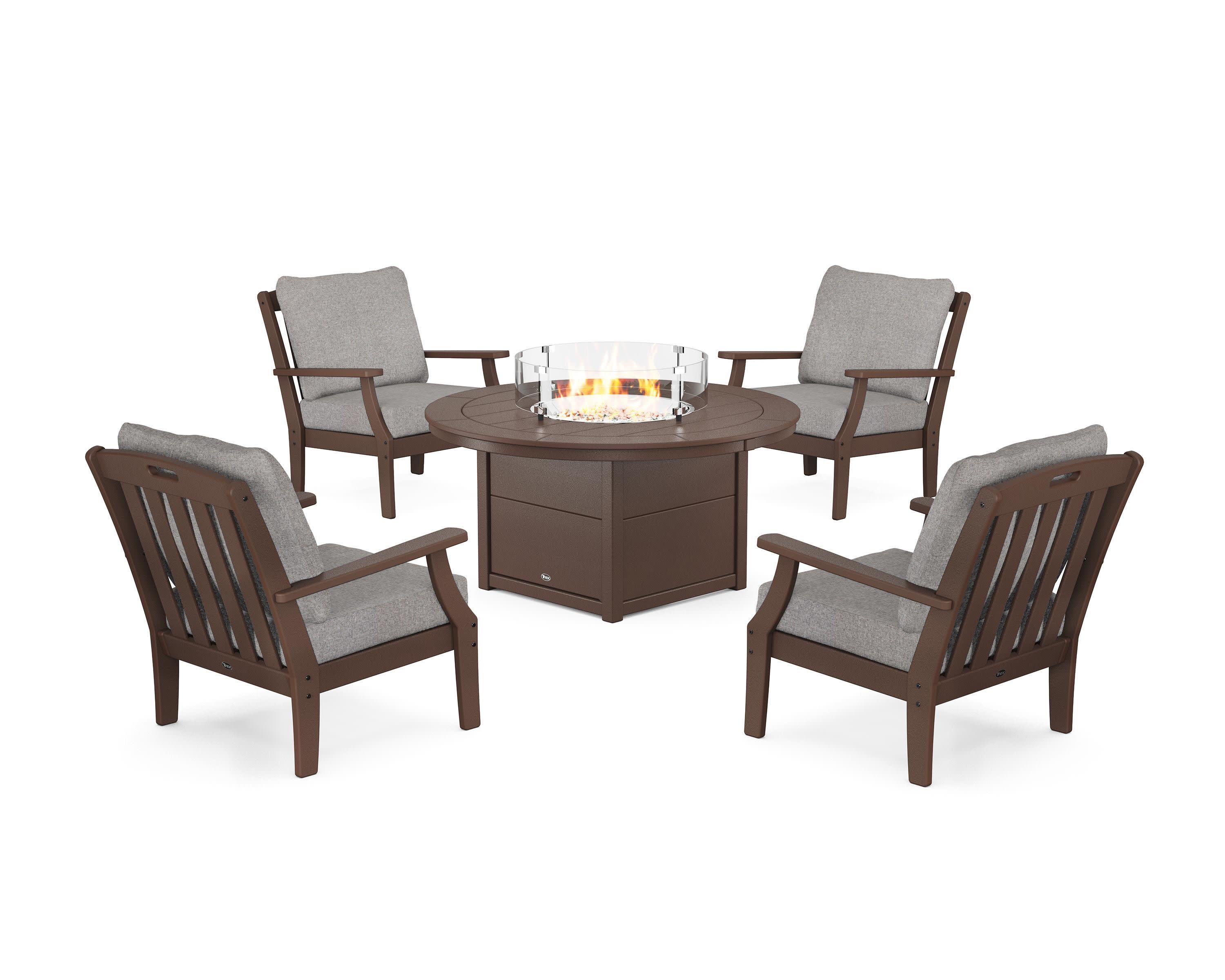 Yacht Club 5-Piece Deep Seating Set with Round Fire Pit Table in Vintage Lantern / Grey Mist