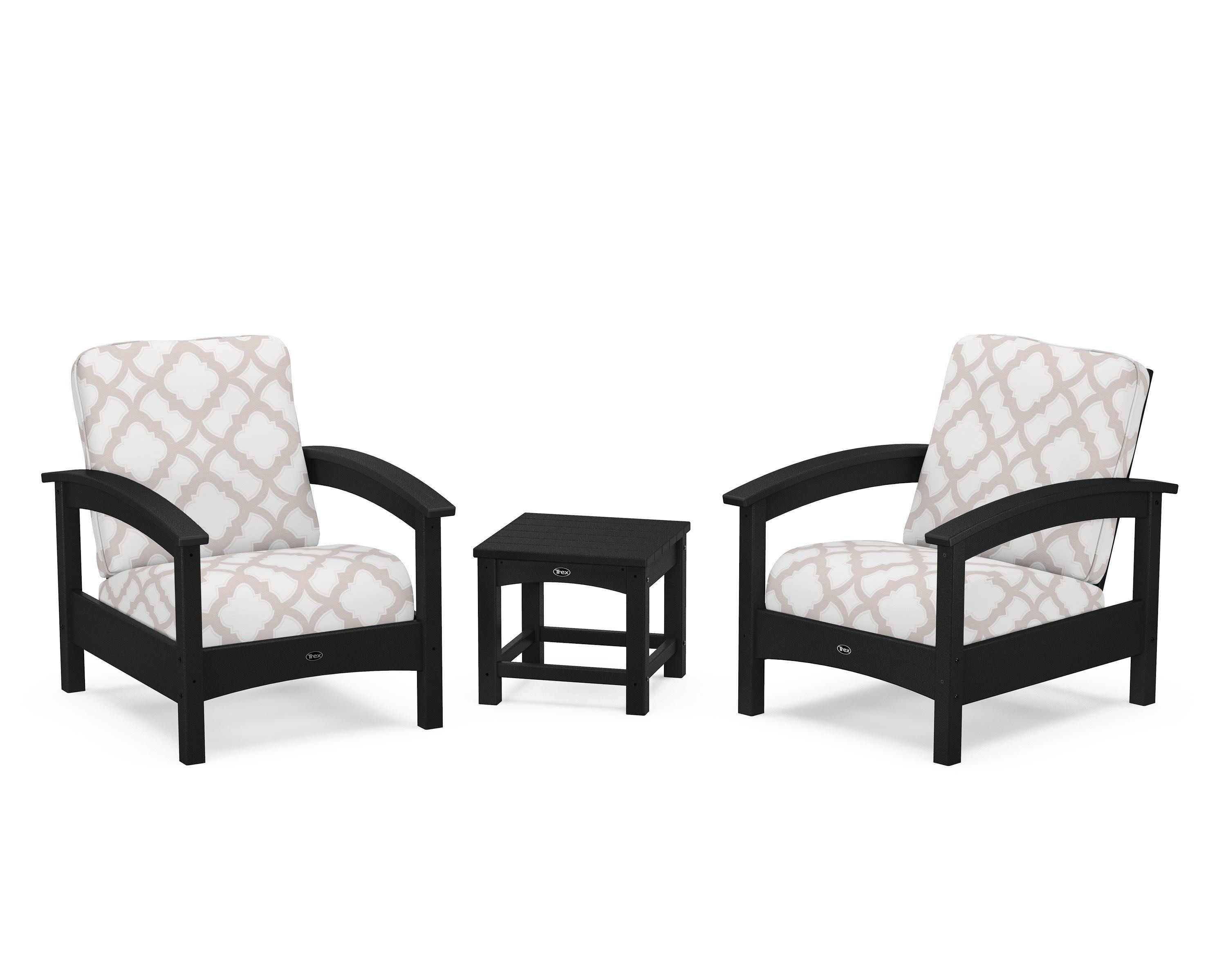 Rockport Club 3-Piece Deep Seating Conversation Set in Charcoal Black / Trellis Dune Burlap
