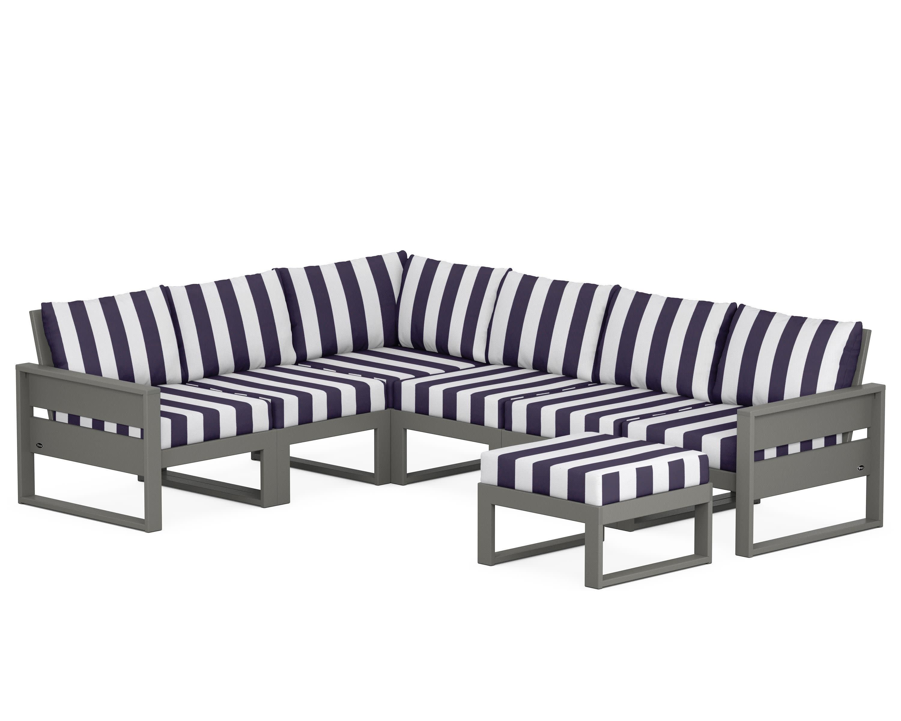 Eastport 6-Piece Sectional with Ottoman in Stepping Stone / Cabana Stripe Navy