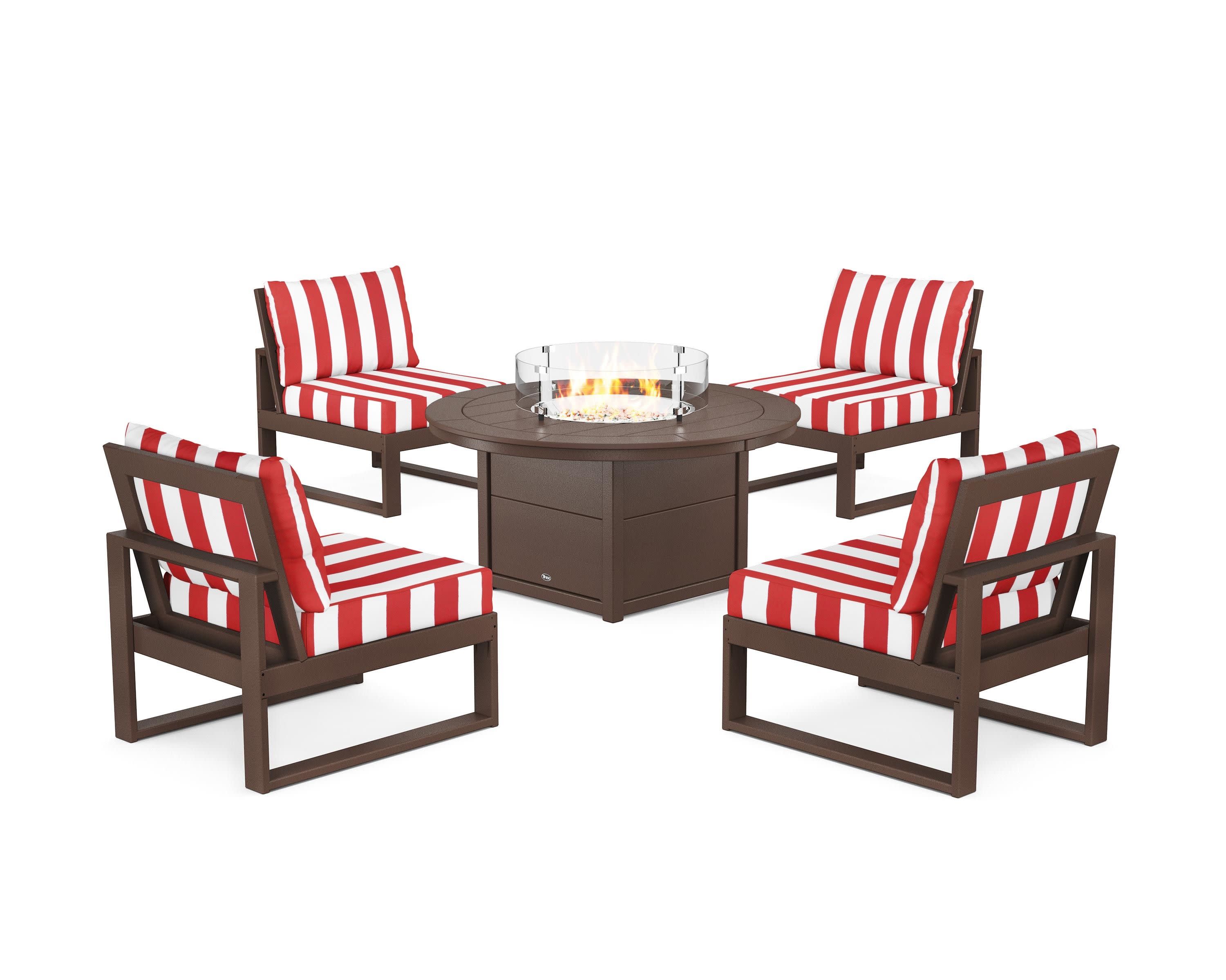 Eastport Modular 5-Piece Deep Seating Set with Round Fire Pit Table in Vintage Lantern / Cabana Stripe Crimson