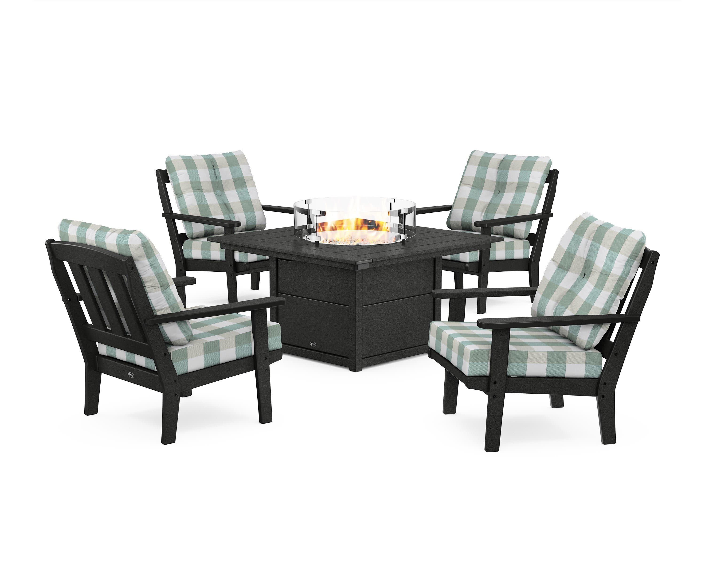 Cape Cod 5-Piece Deep Seating Set with Fire Pit Table in Charcoal Black / Buffalo Plaid Glacier Spa