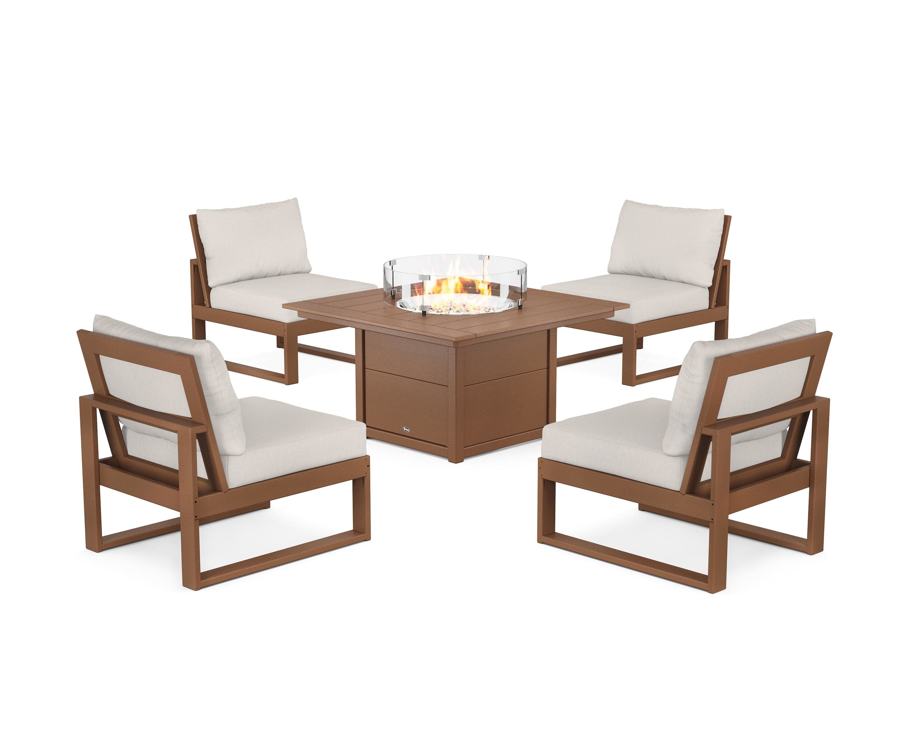 Eastport Modular 5-Piece Deep Seating Set with Square Fire Pit Table in Tree House / Cast Ash