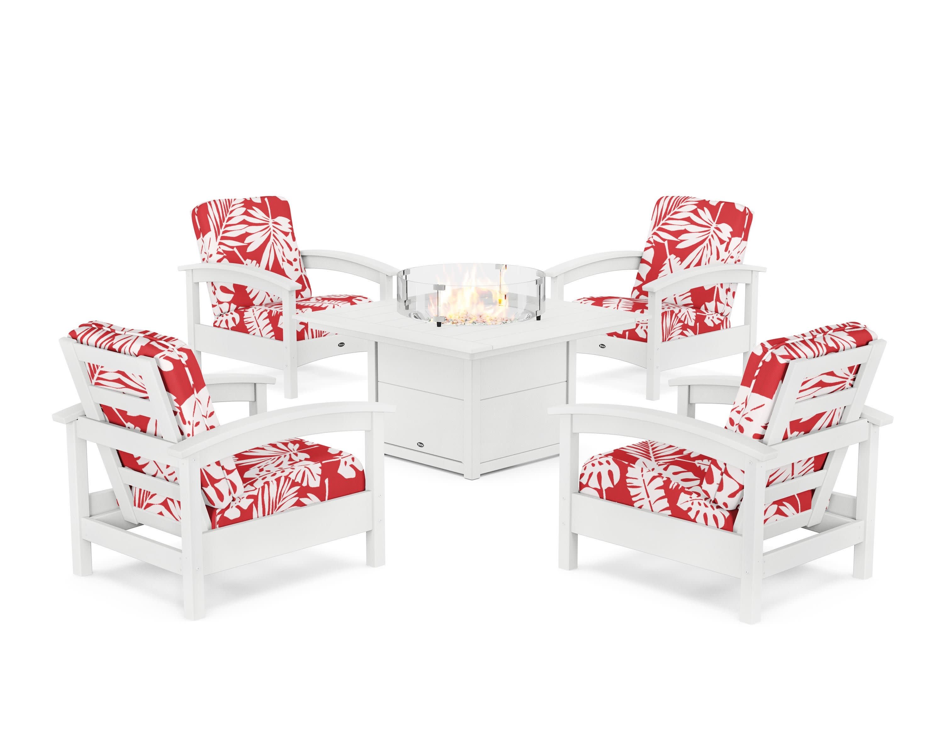 Rockport 5-Piece Deep Seating Set with Square Fire Pit Table in Classic White / Leaf Crimson