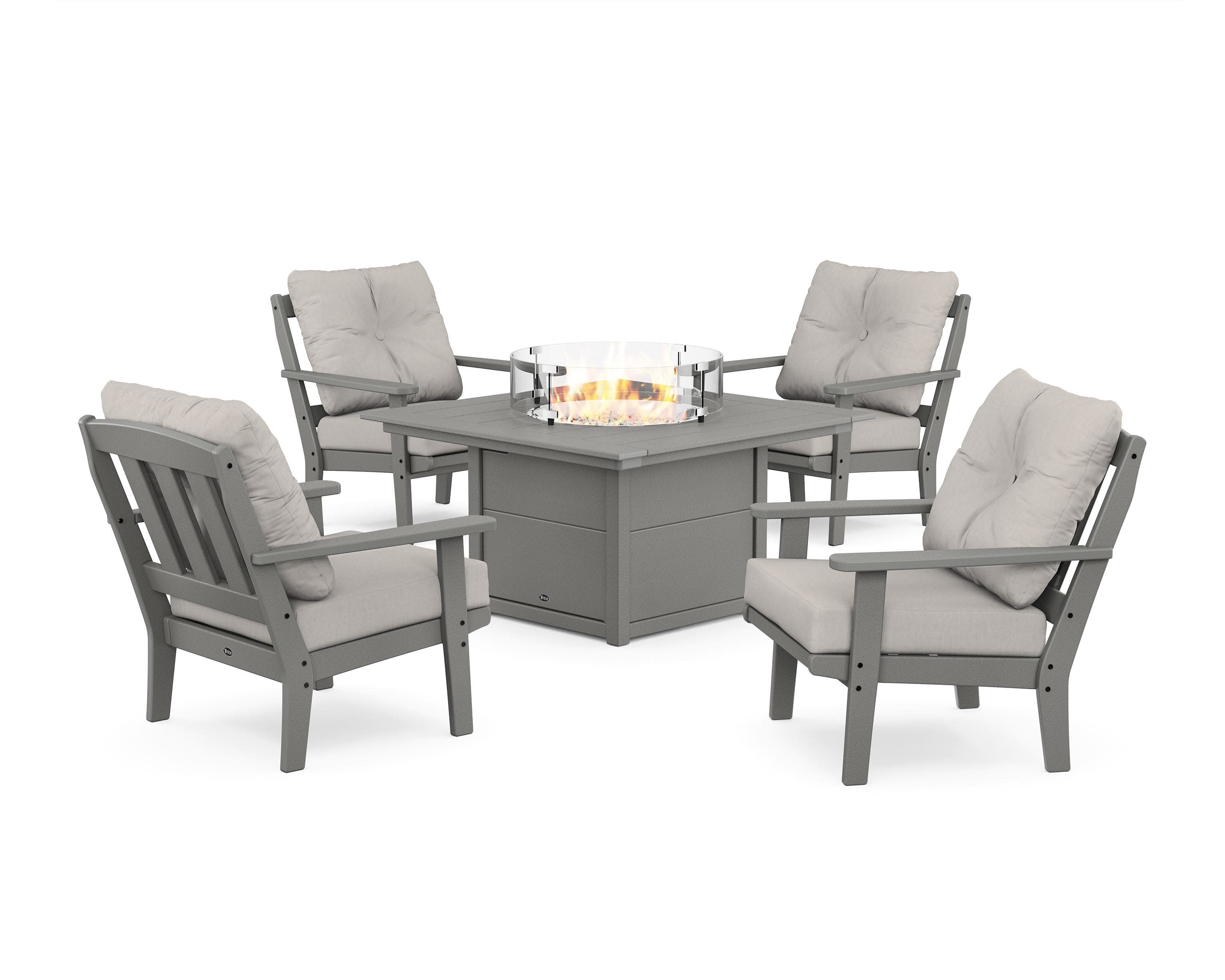 Cape Cod 5-Piece Deep Seating Set with Fire Pit Table in Stepping Stone / Cast Ash