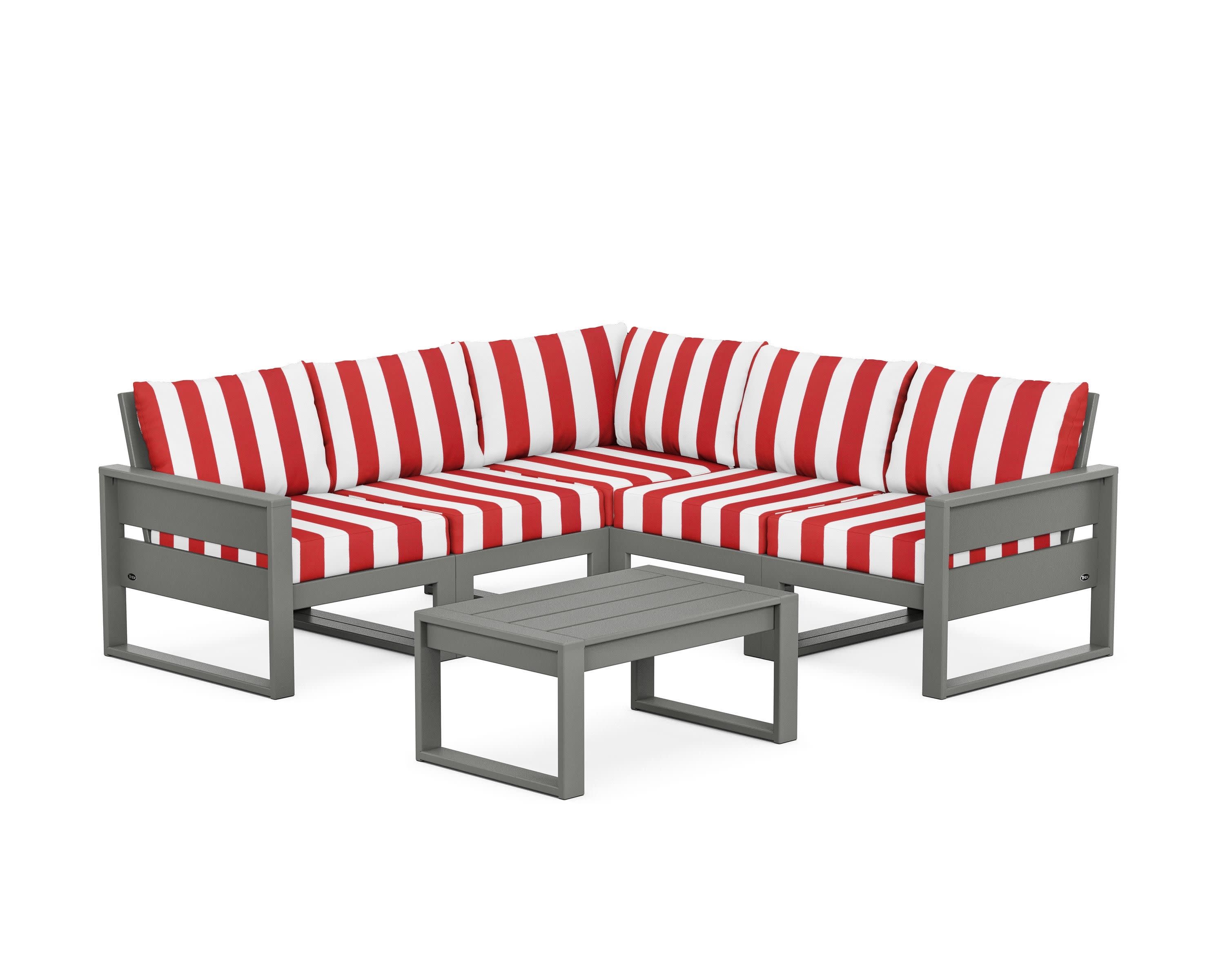 Eastport 6-Piece Deep Seating Sectional + Coffee Table Set in Stepping Stone / Cabana Stripe Crimson