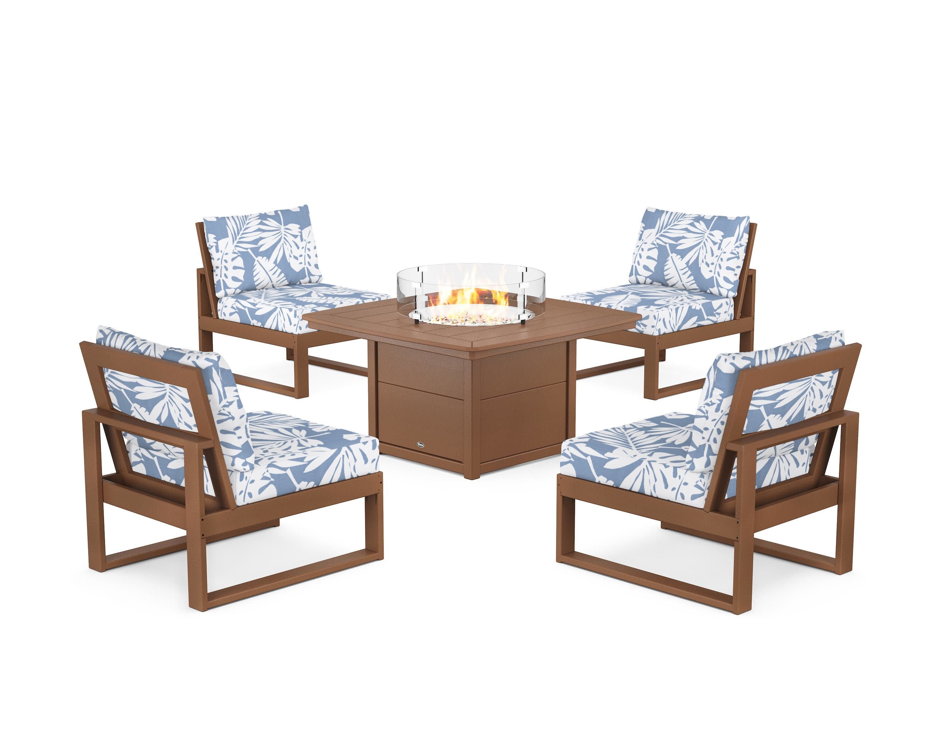 Eastport Modular 5-Piece Deep Seating Set with Yacht Club Fire Pit Table in Tree House / Leaf Sky Blue