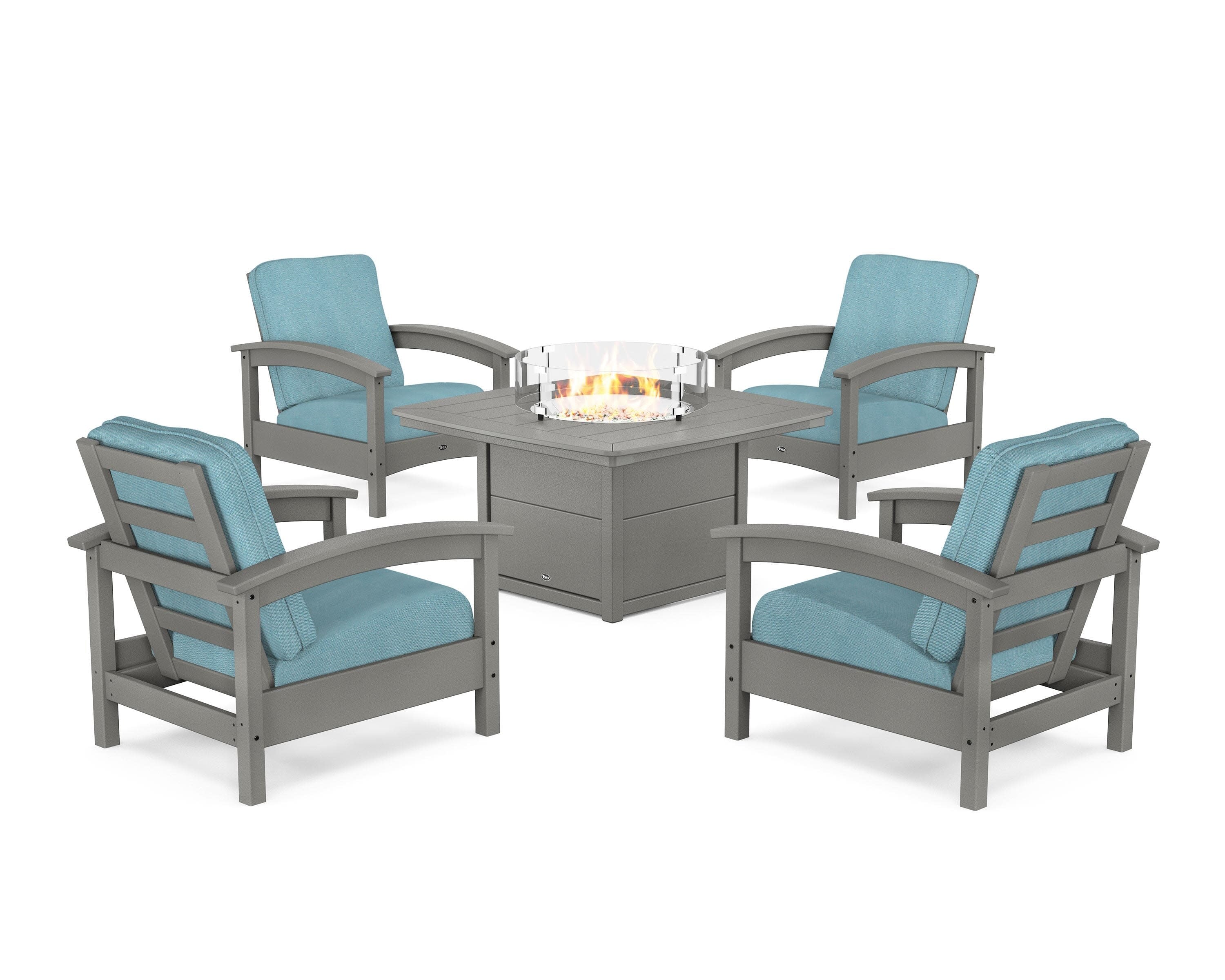 Rockport 5-Piece Deep Seating Set with Yacht Club Fire Pit Table in Stepping Stone / Lattice Sky Blue