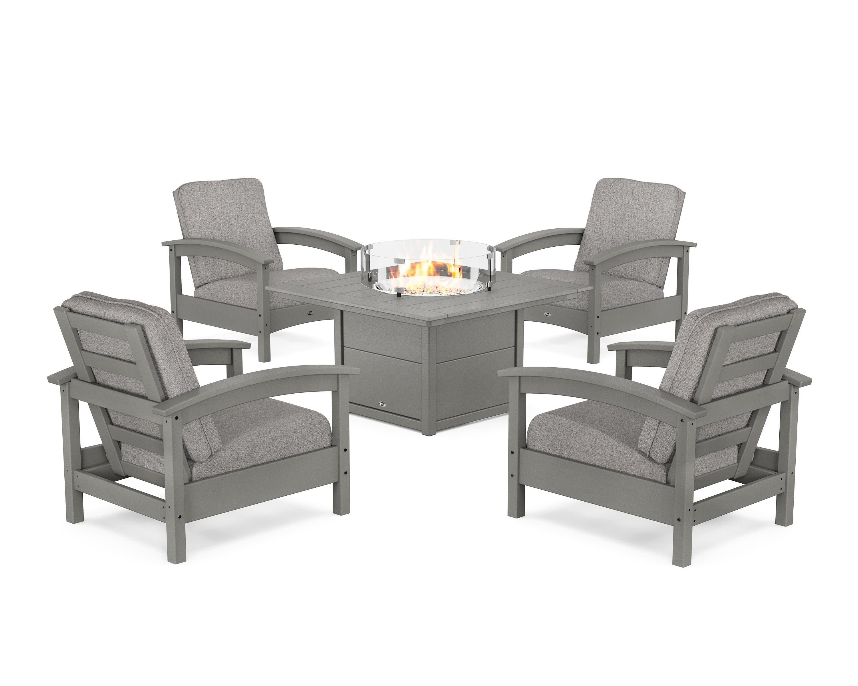 Rockport 5-Piece Deep Seating Set with Square Fire Pit Table in Stepping Stone / Grey Mist