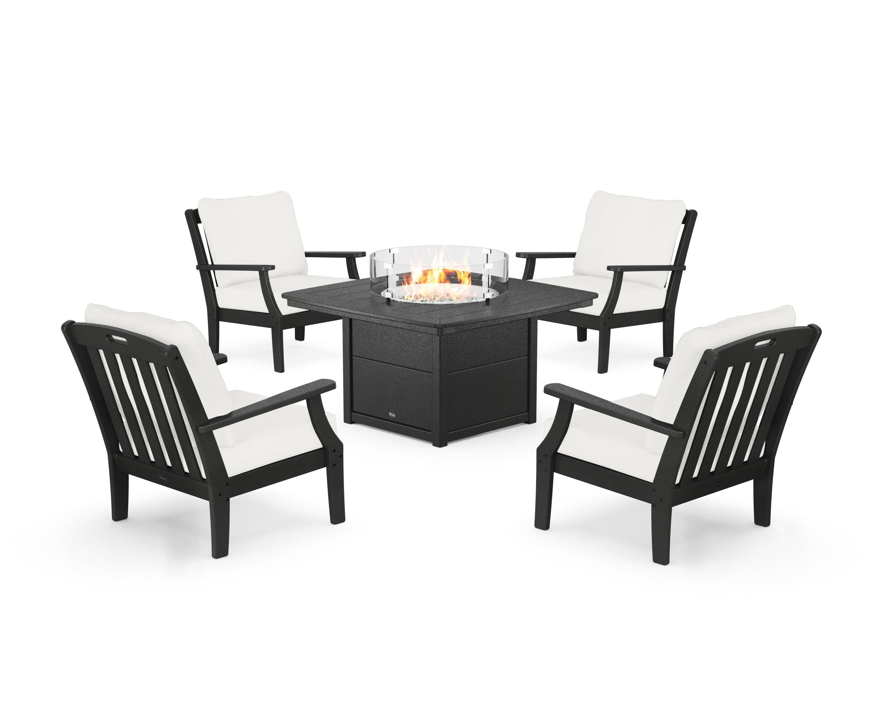 Yacht Club 5-Piece Deep Seating Set with Fire Pit Table in Charcoal Black / Natural Linen