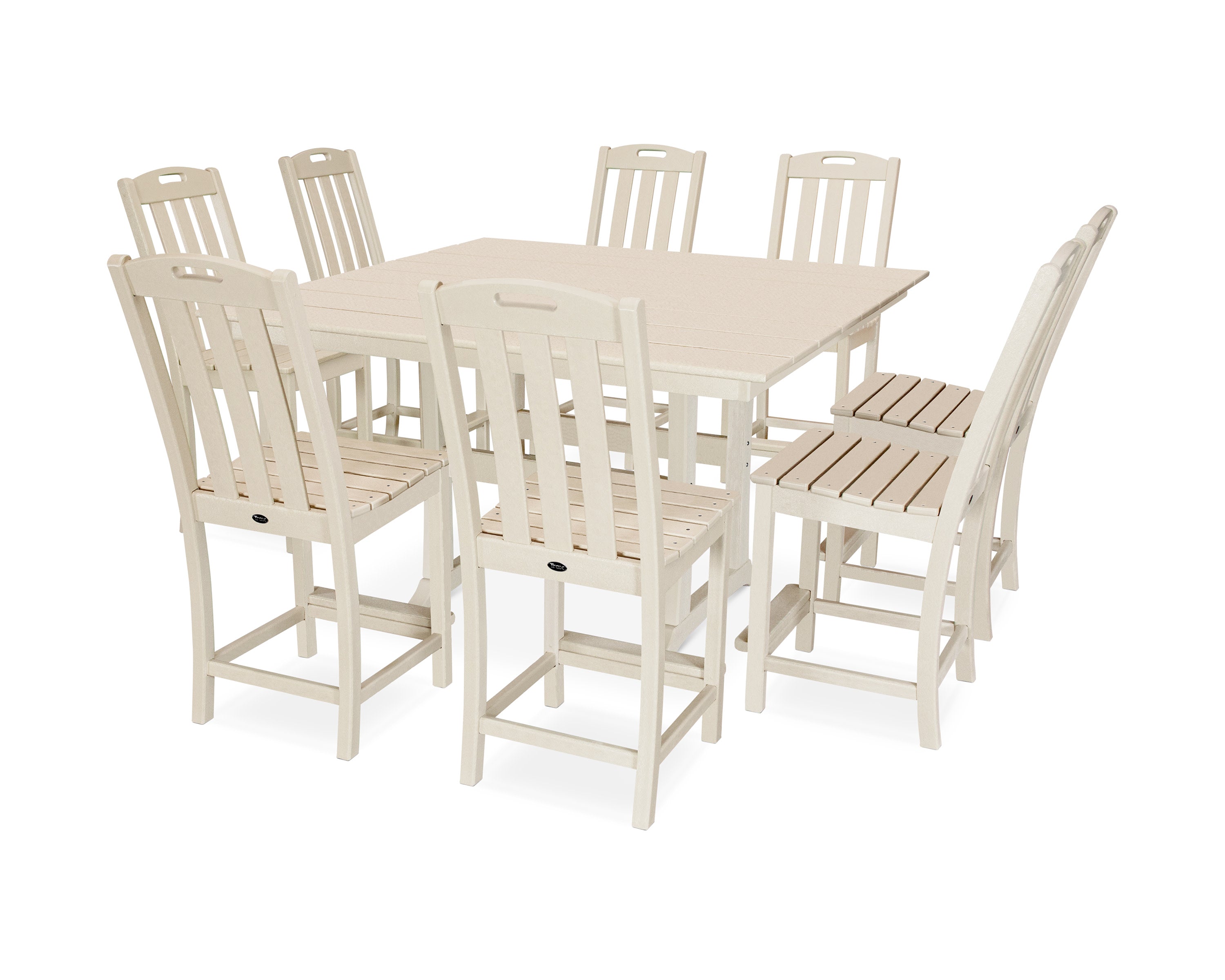 Yacht Club 9-Piece Farmhouse Trestle Side Chair Counter Set in Sand Castle